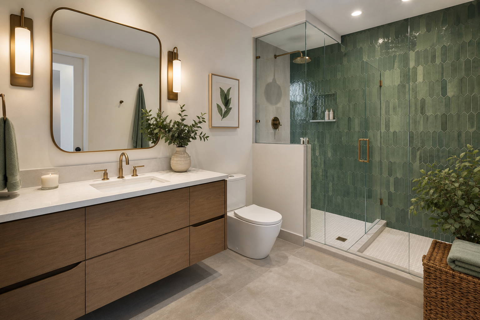 Finished bathroom with calm floor tile and a more expressive shower wall tile