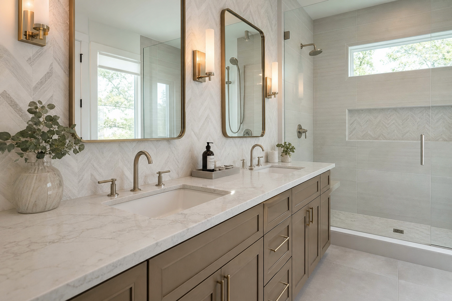 Finished bathroom vanity with a refined countertop and soft natural light