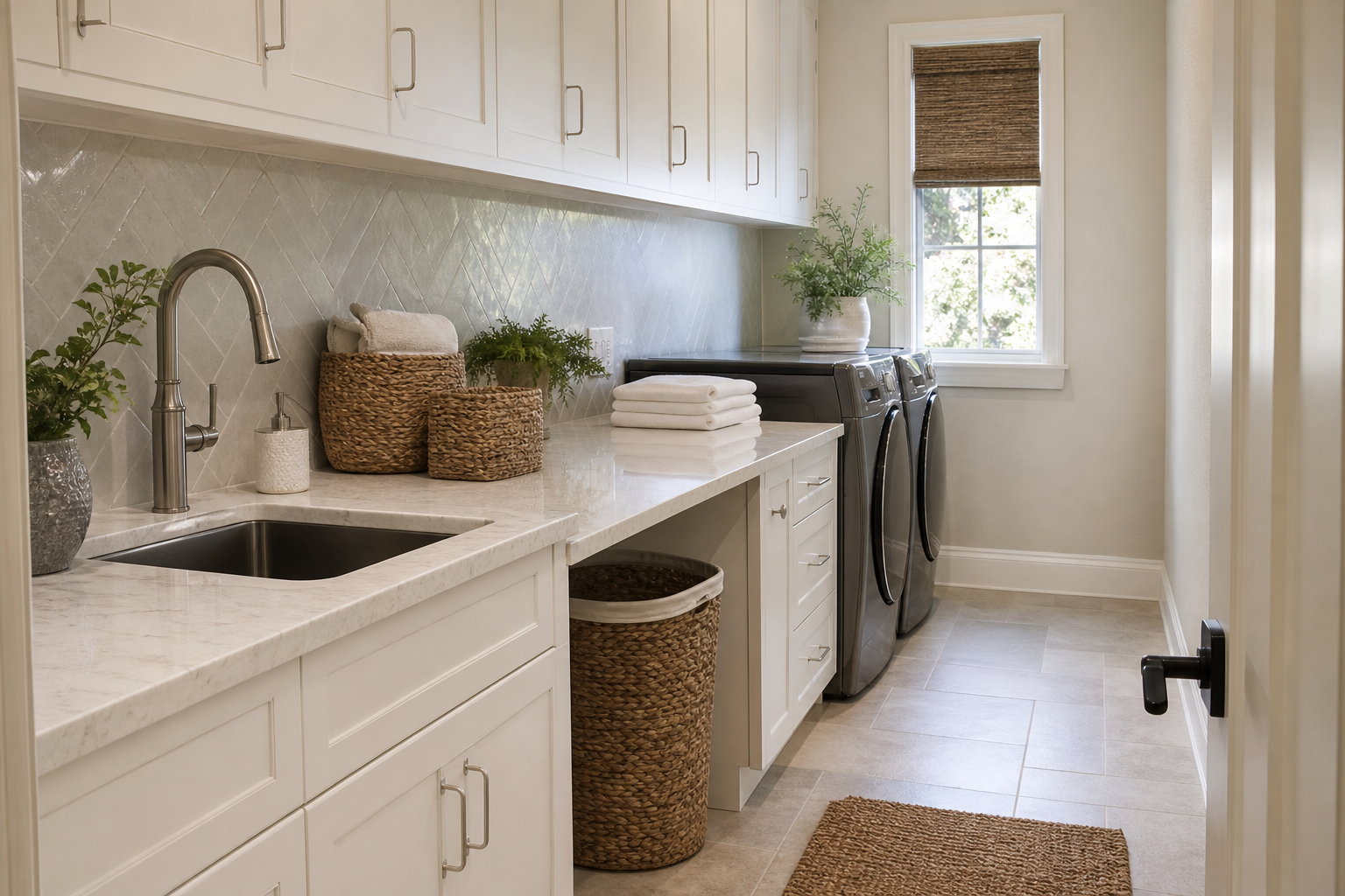 Finished laundry room with durable countertop workspace and storage