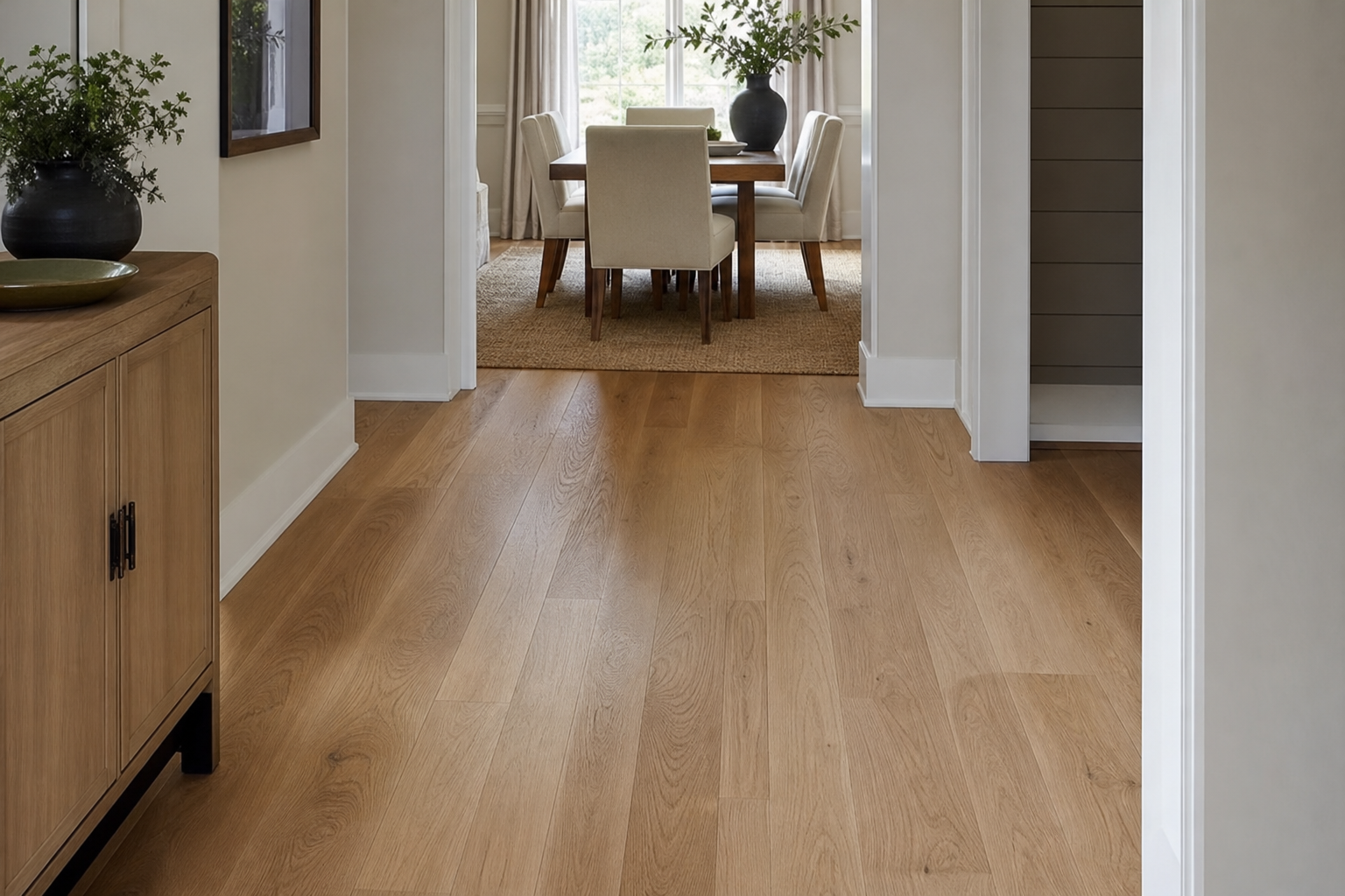 Completed hallway and dining area with engineered hardwood floors in a warm natural oak tone.