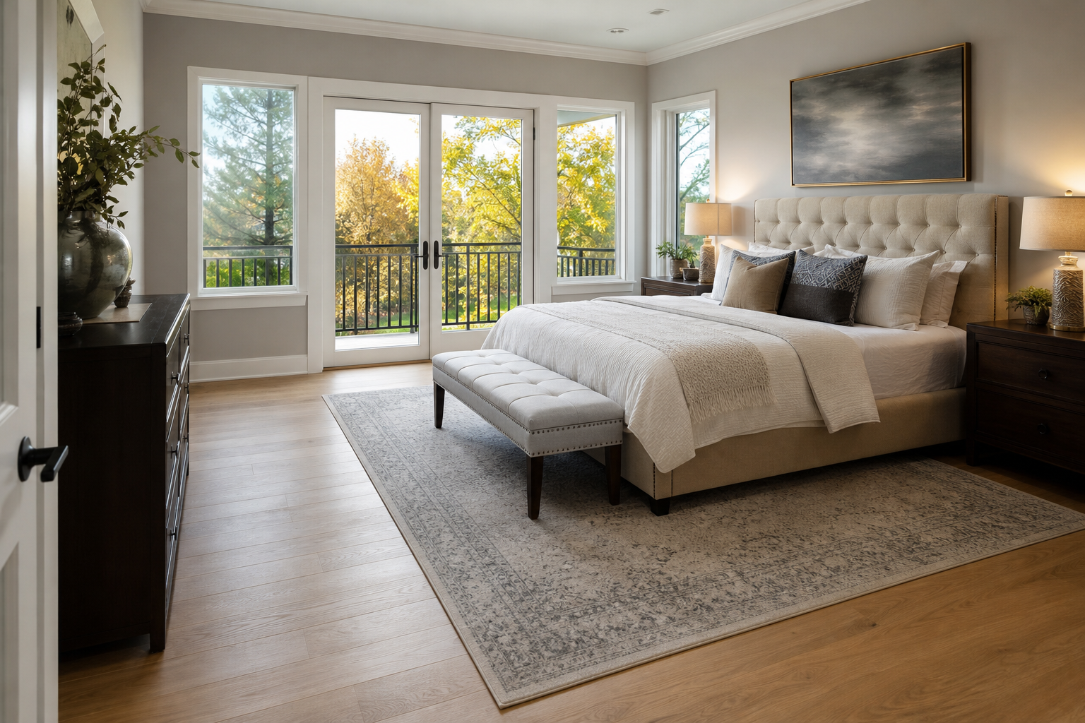 Finished bedroom with calm neutral hardwood flooring and soft daylight.