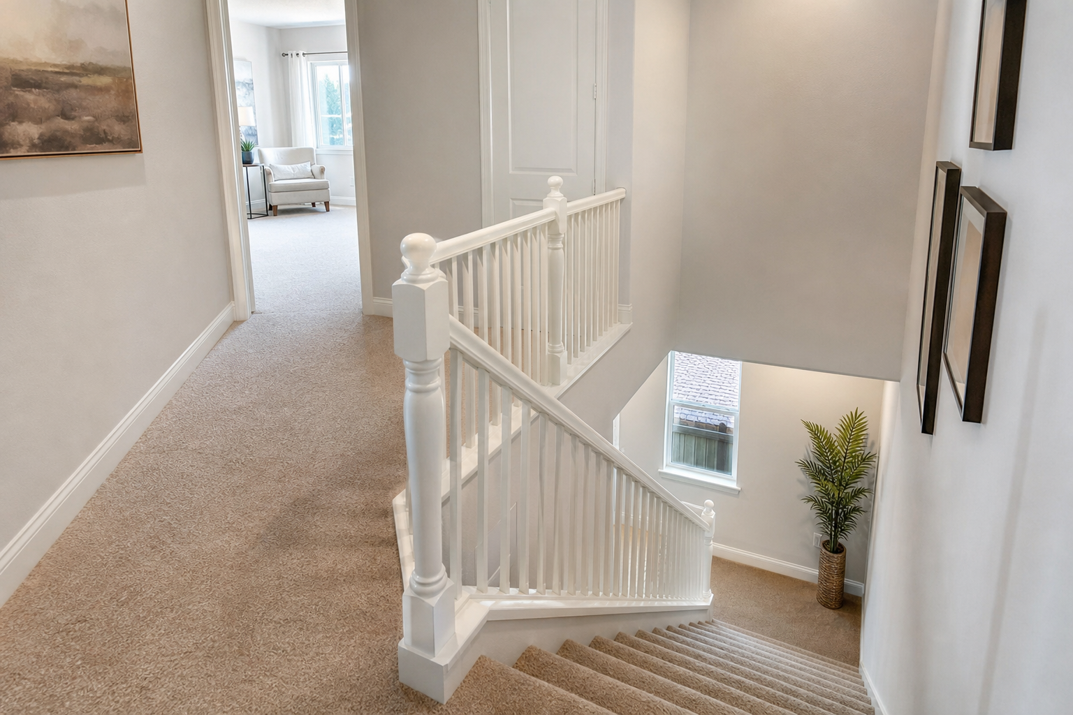 Finished carpeted staircase and upstairs hallway in a neutral tone