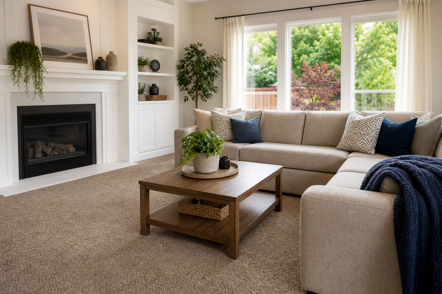 Finished family room with practical stain-friendly carpet
