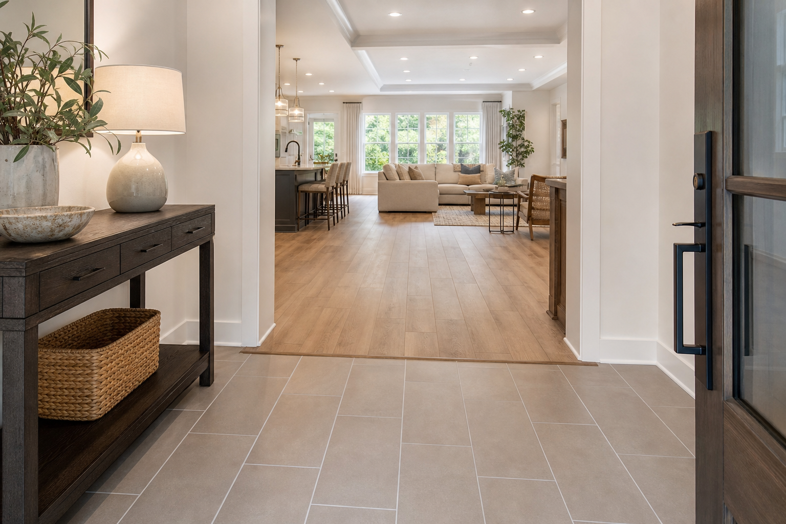 Finished Cary-area entry and kitchen with porcelain tile and wood-look LVP for a summer-ready flooring plan