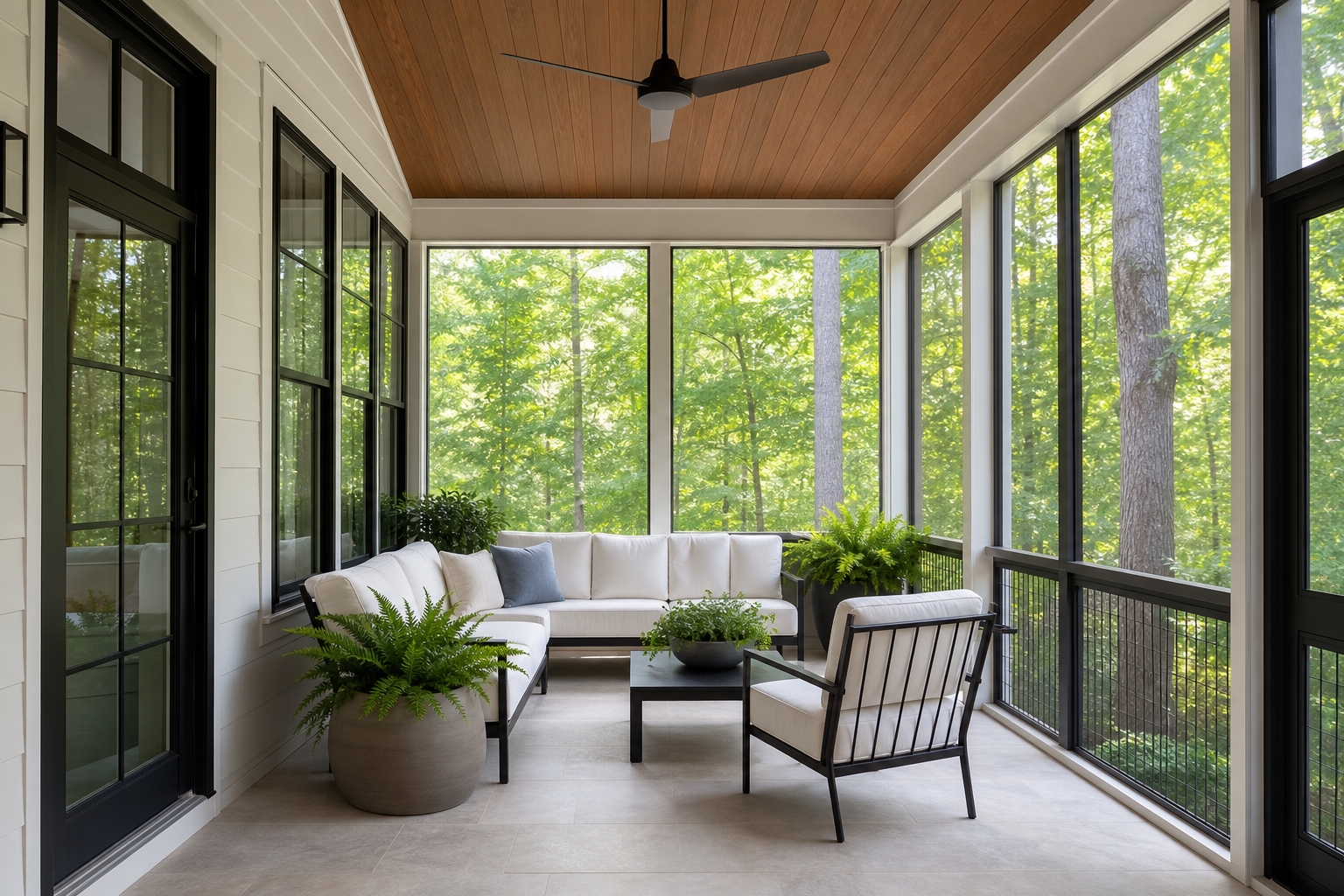 Finished 3-season porch with porcelain tile suited for Cary summer weather