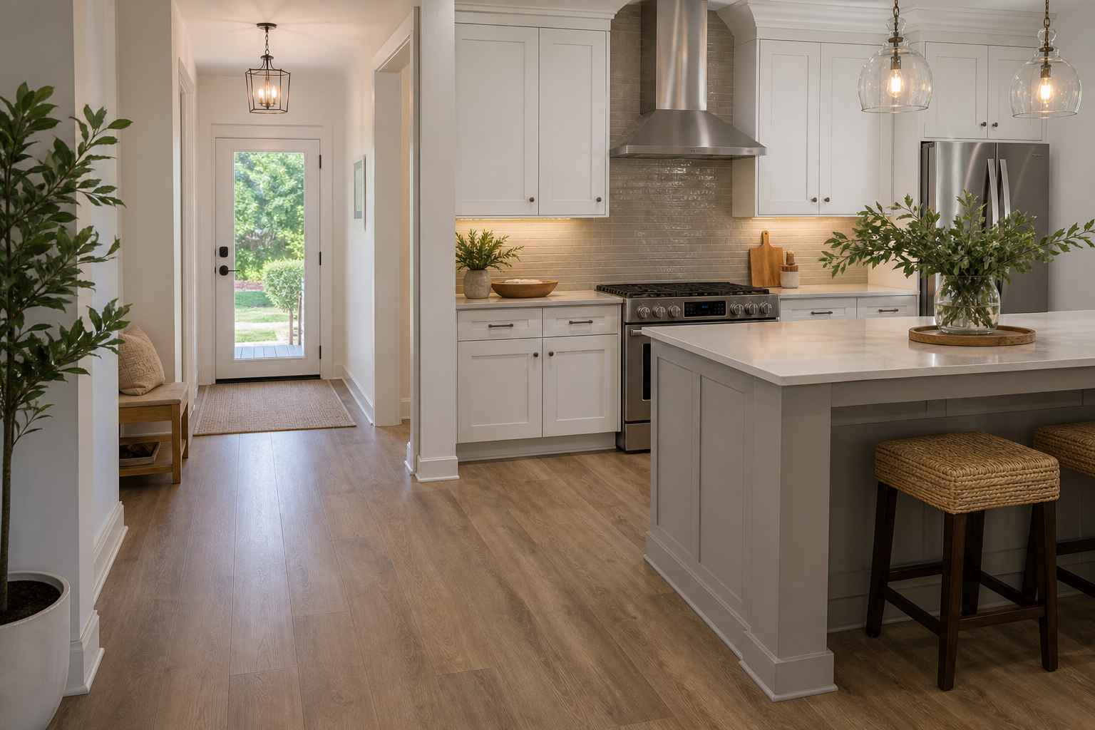 Bright finished Cary-area kitchen and entry with oak-look luxury vinyl plank flooring