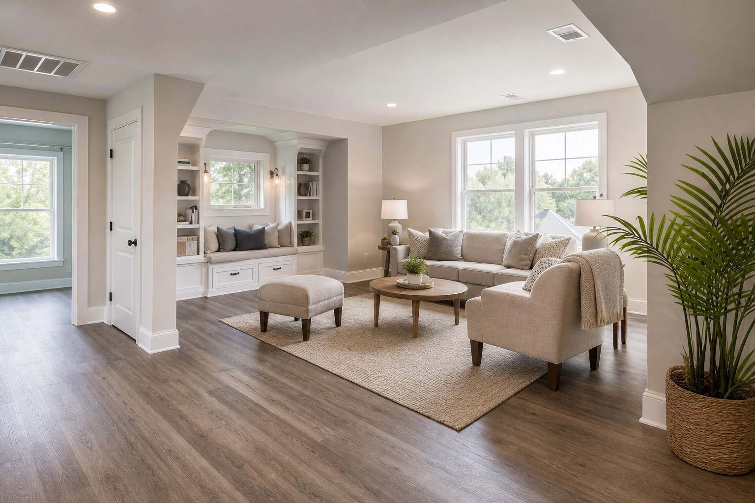 Finished upstairs bonus room with realistic wood-look laminate flooring