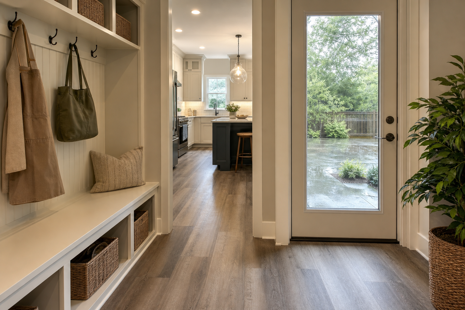 Finished mudroom and kitchen transition with waterproof luxury vinyl plank flooring