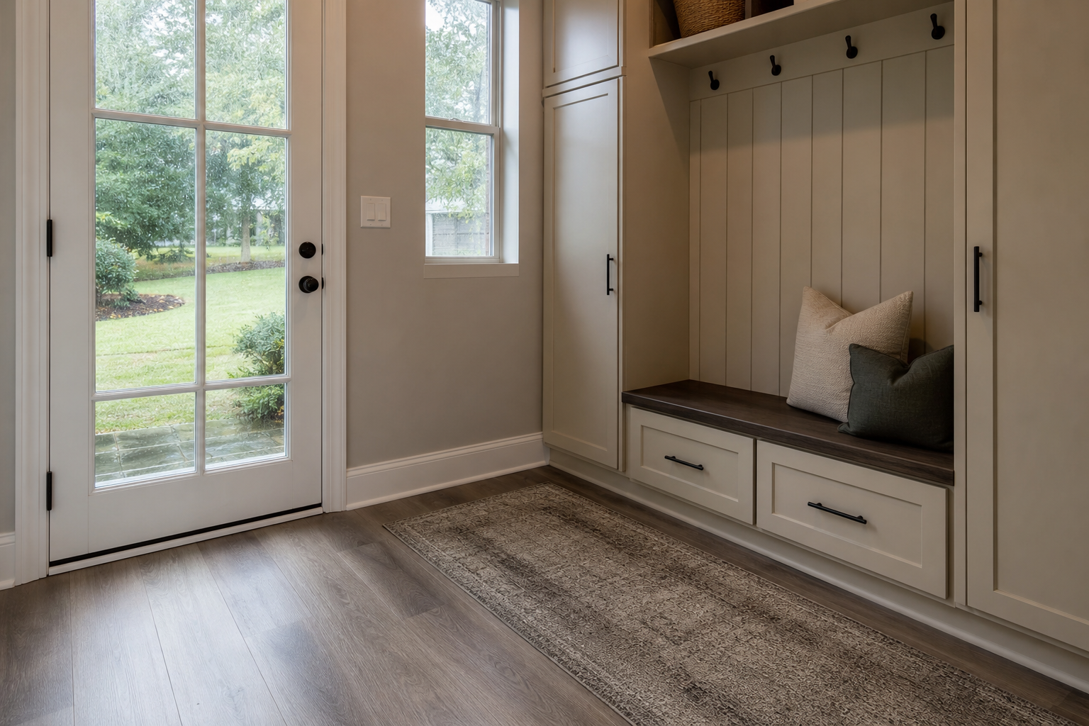 Finished mudroom-style entry with luxury vinyl plank flooring designed for wet-shoe traffic