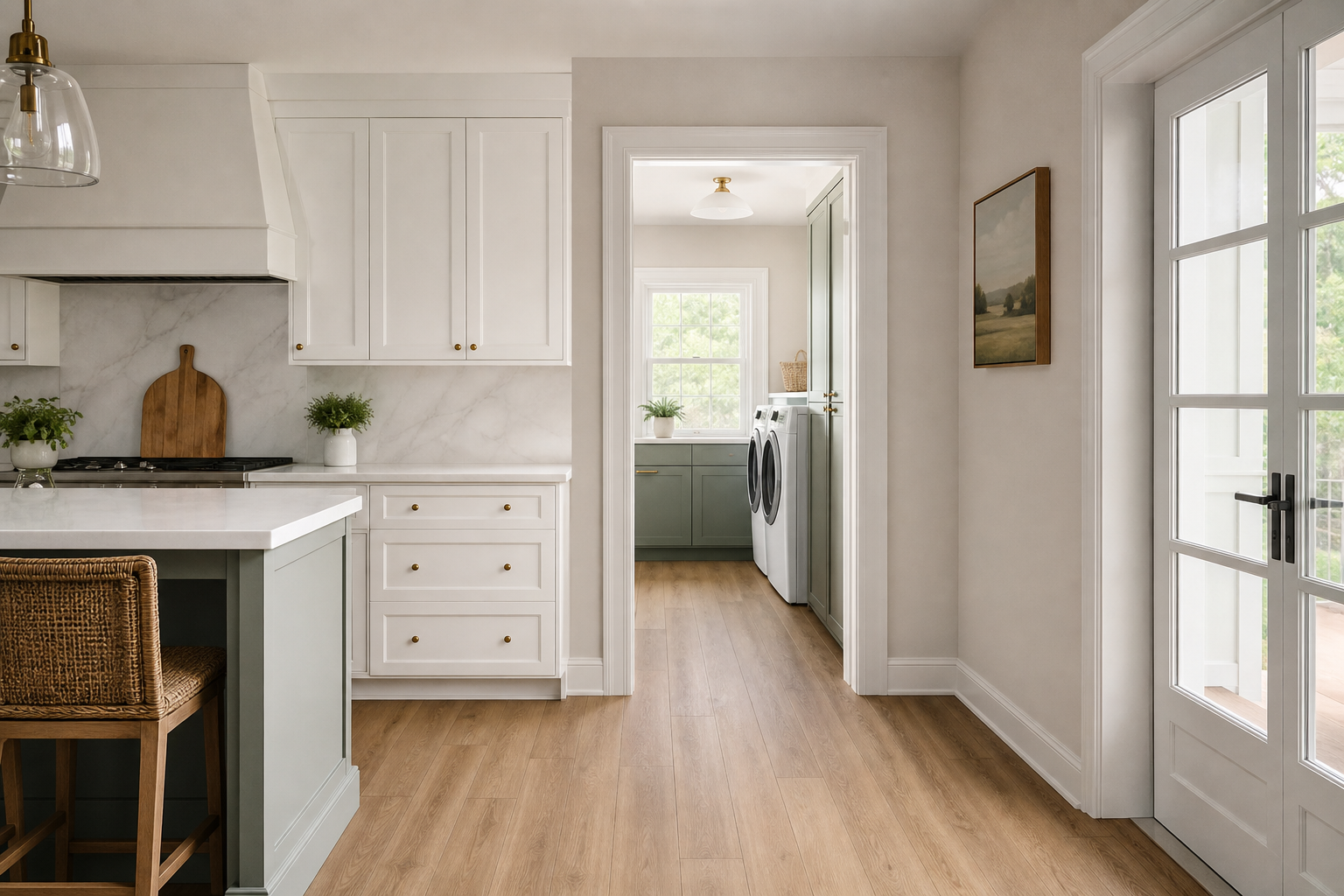 Finished kitchen and laundry passage with luxury vinyl flooring in a bright Cary home