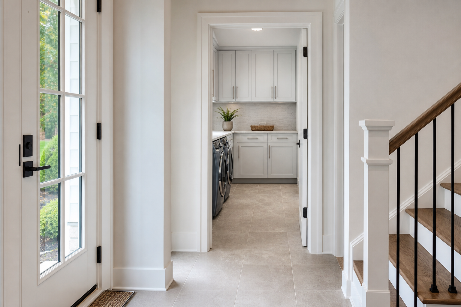 Finished entry and laundry room with porcelain tile flooring