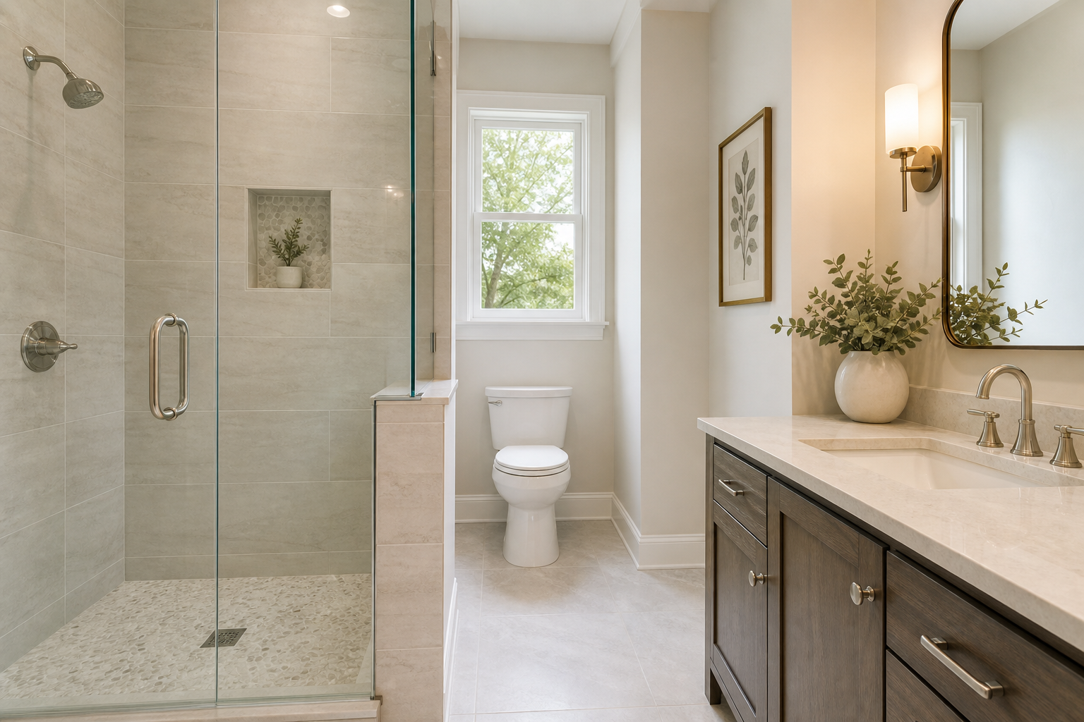 Finished bathroom with large-format floor tile and tiled shower