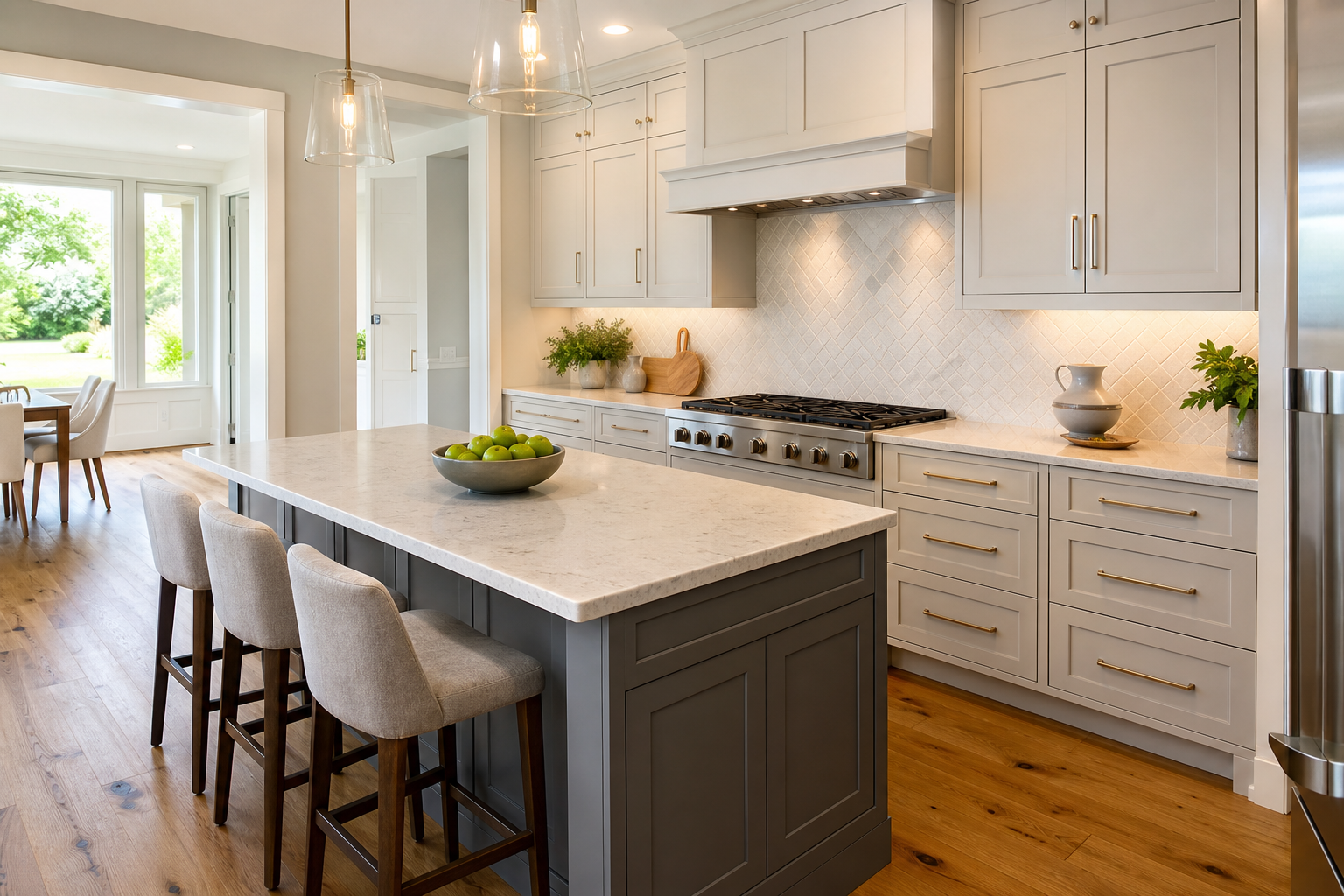 Finished kitchen island with durable countertop and late-summer styling