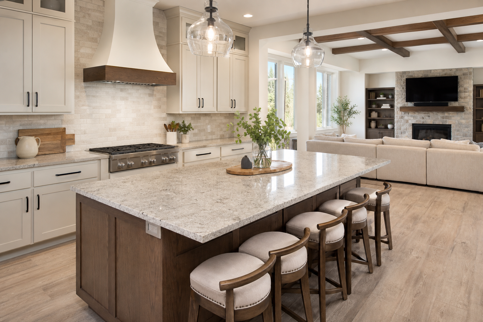 Finished kitchen showing countertop, backsplash, and adjoining flooring working together