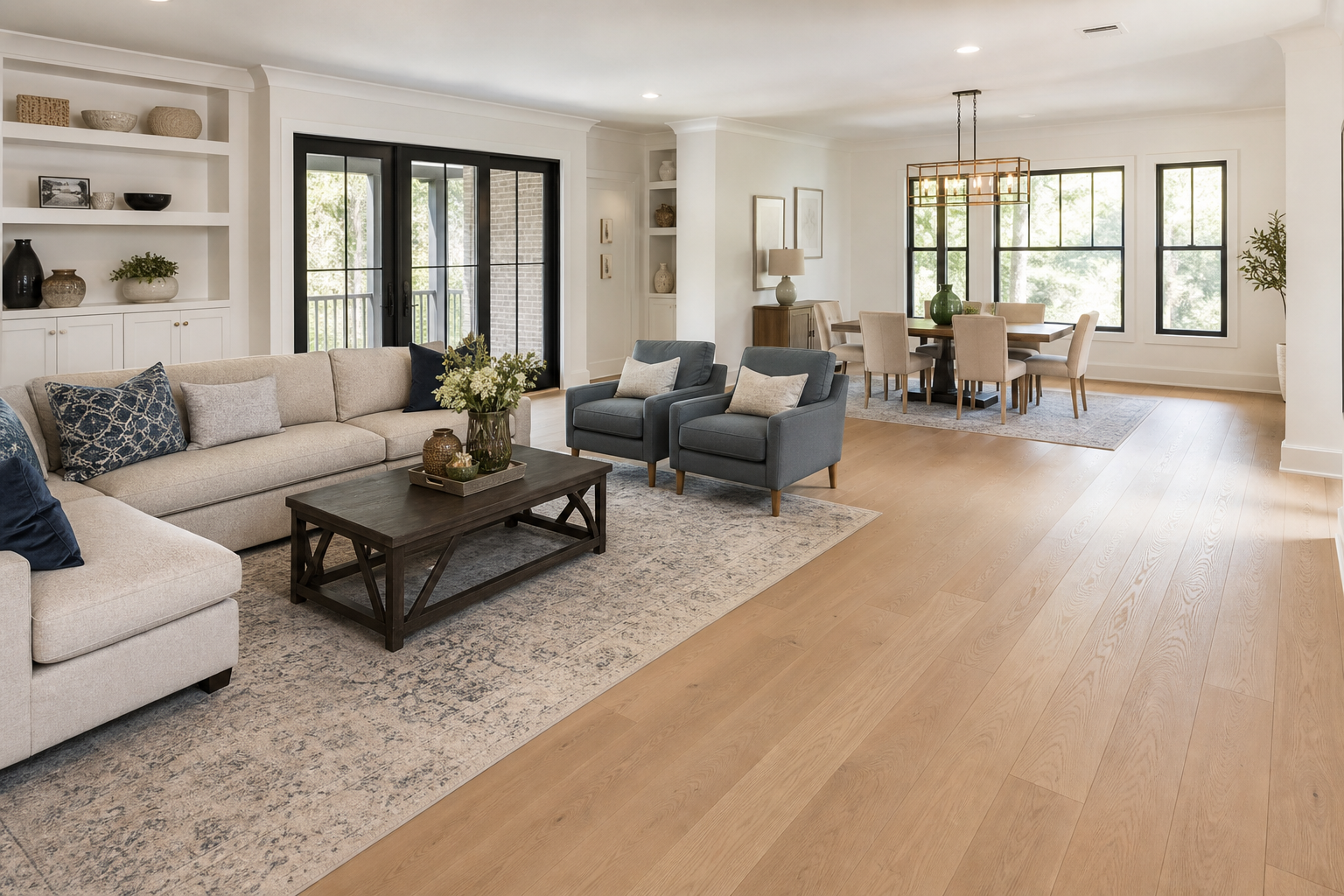 Finished Cary-area living room with warm hardwood floors and soft natural light