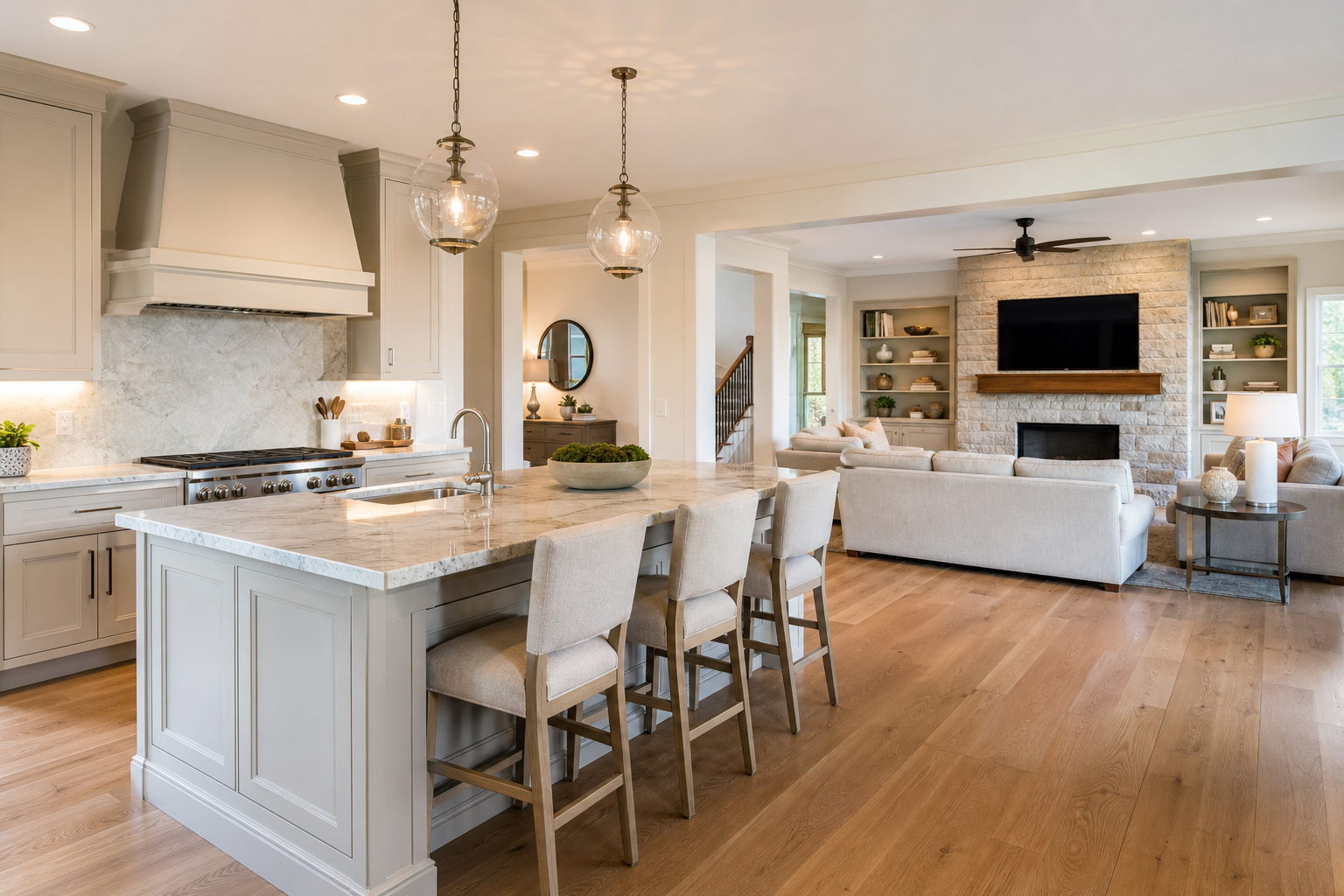 Finished kitchen and hardwood transition in a bright Cary home