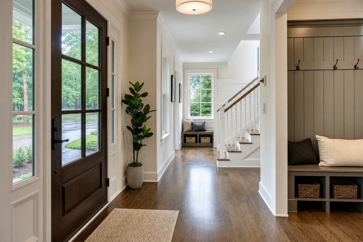 Finished entry hallway with hardwood flooring ready for everyday traffic