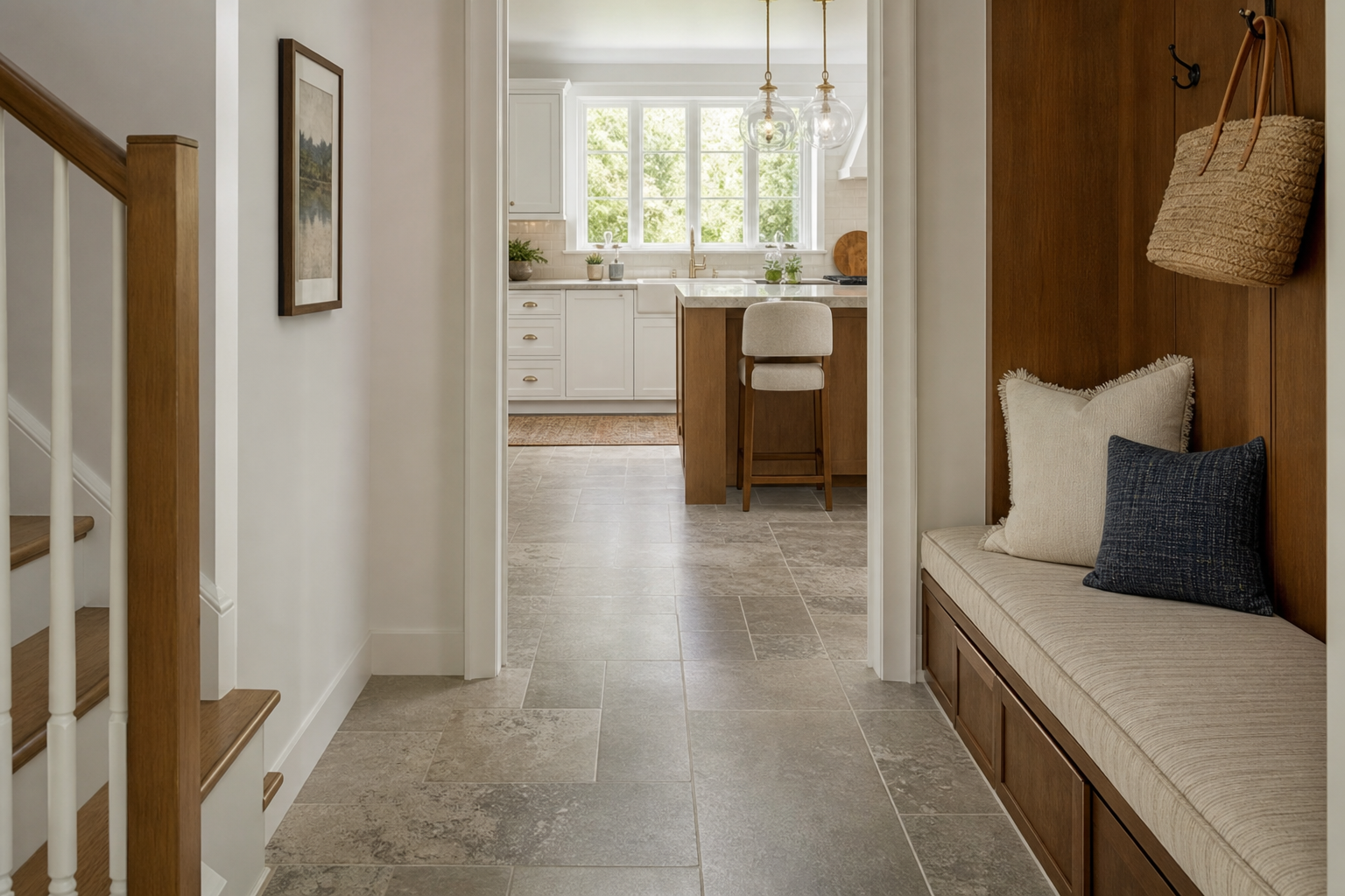 Finished Cary-area entry with honed natural stone tile and a warm open kitchen beyond