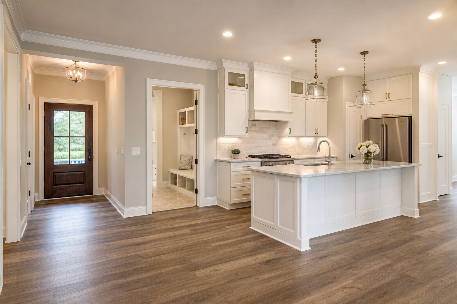 Finished Cary-style kitchen and entry with luxury vinyl plank flooring