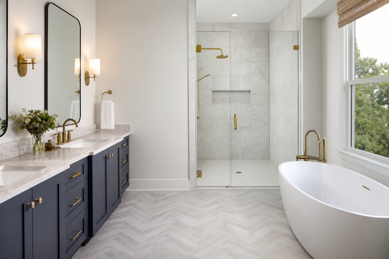 Finished bathroom with herringbone tile floor and tiled shower