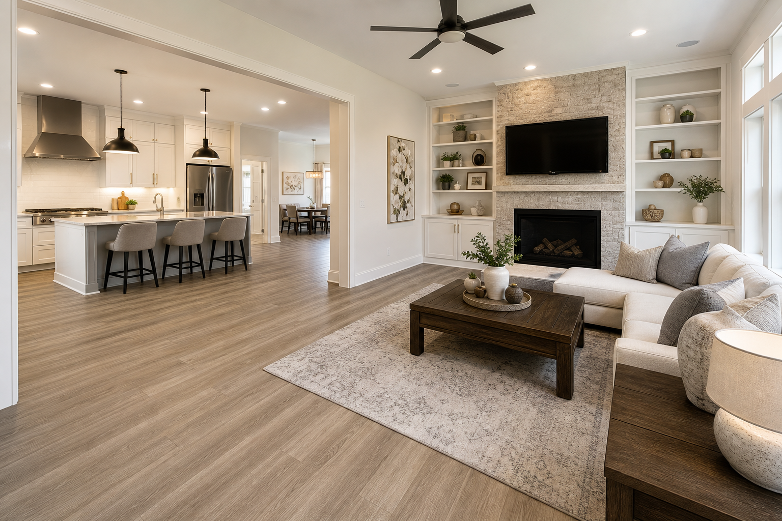 Finished living area with wood-look luxury vinyl plank flooring