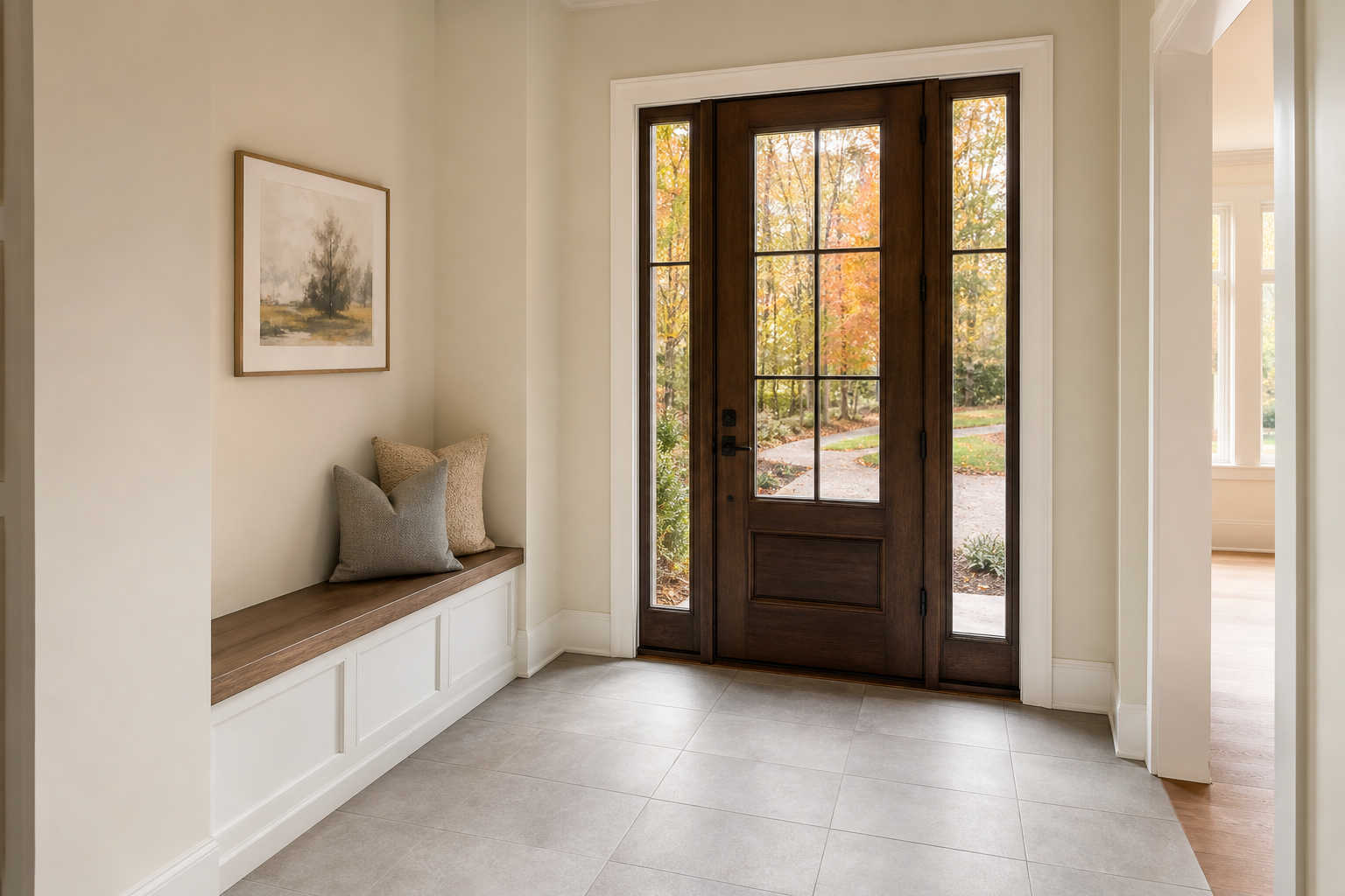 Finished Cary home entry with porcelain tile flooring and a calm early-fall feel.