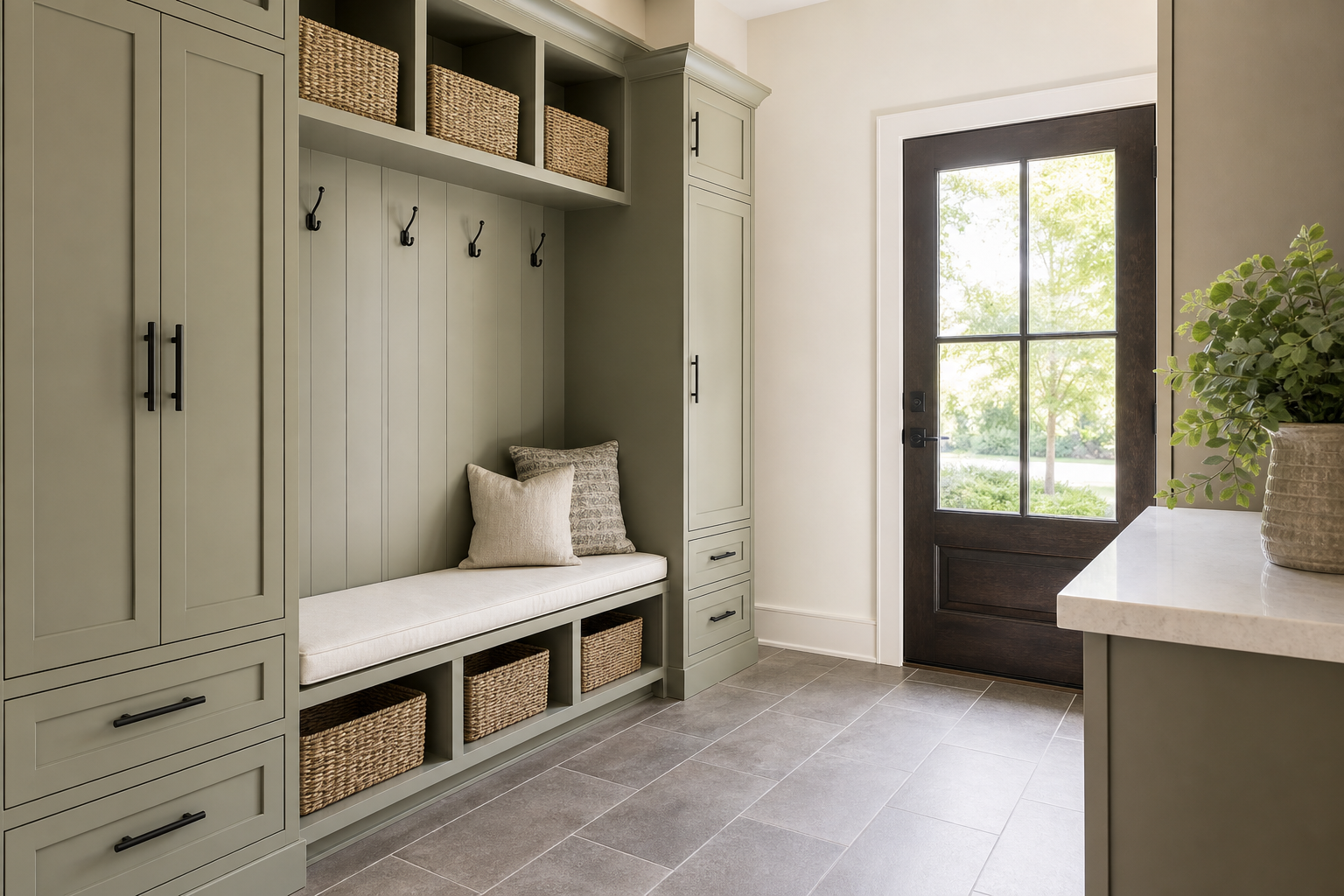 Finished mudroom-style entry with durable tile flooring and easy-clean details.