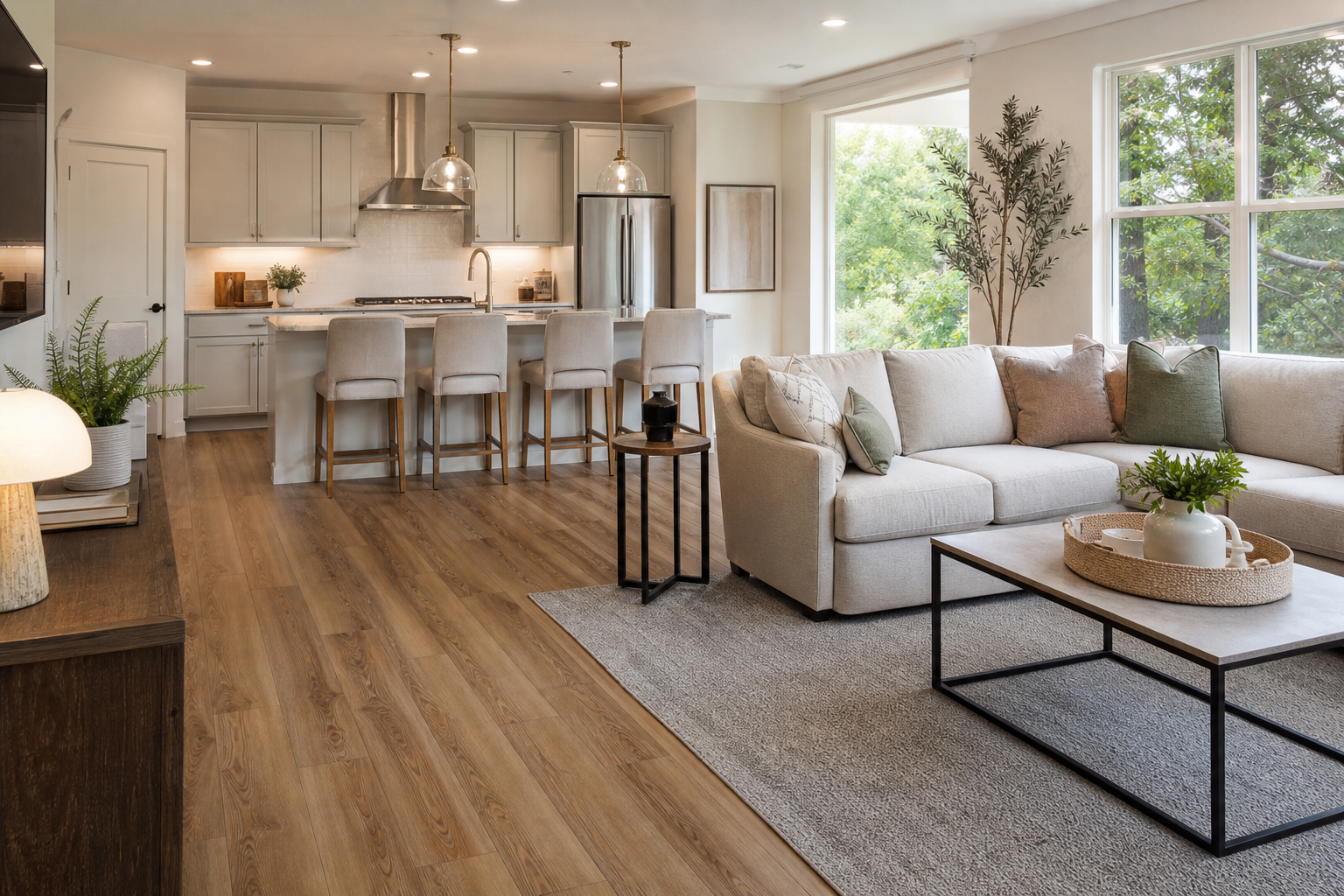 Finished open kitchen and family area with wood-look luxury vinyl plank flooring.