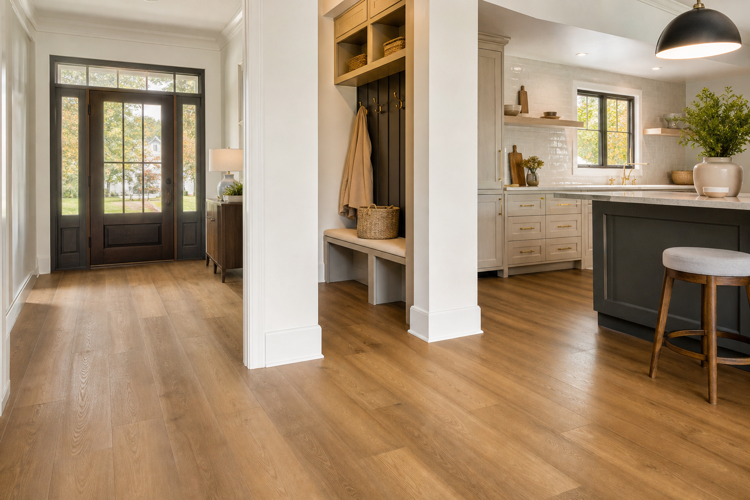 Bright Cary-area entry and kitchen with warm oak luxury vinyl flooring
