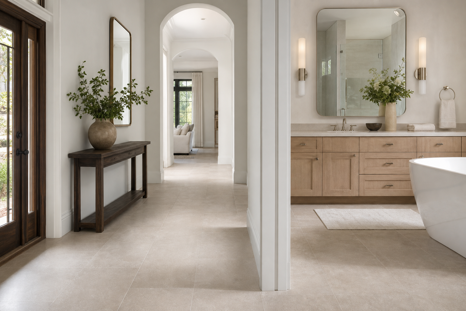 Finished Cary-area entry and bath interior with porcelain tile