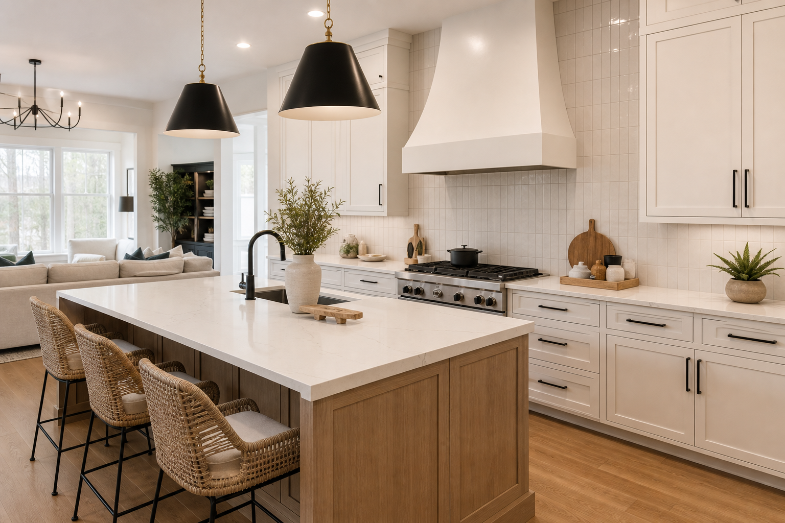 Finished open-concept kitchen with warm white countertops and coordinated backsplash