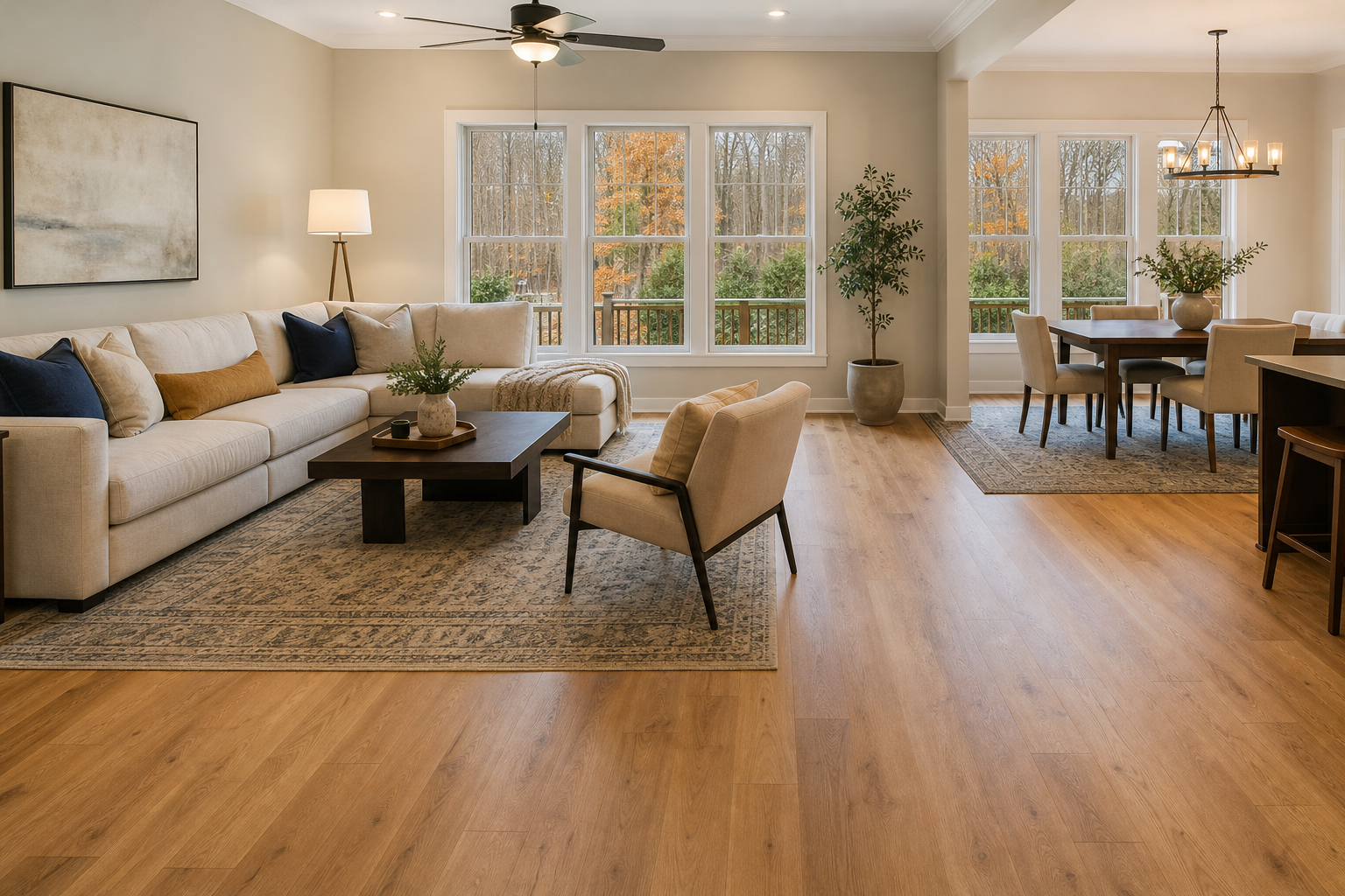 Finished open-plan living room in a Cary home with warm oak hardwood floors