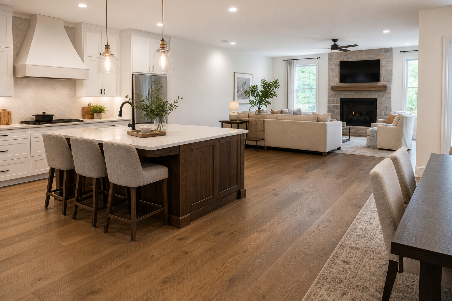 Finished kitchen and family room with engineered hardwood flooring