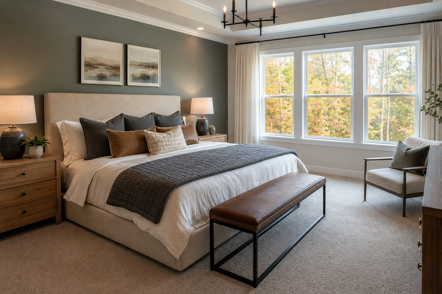 Finished bedroom with warm neutral carpet in a Cary home