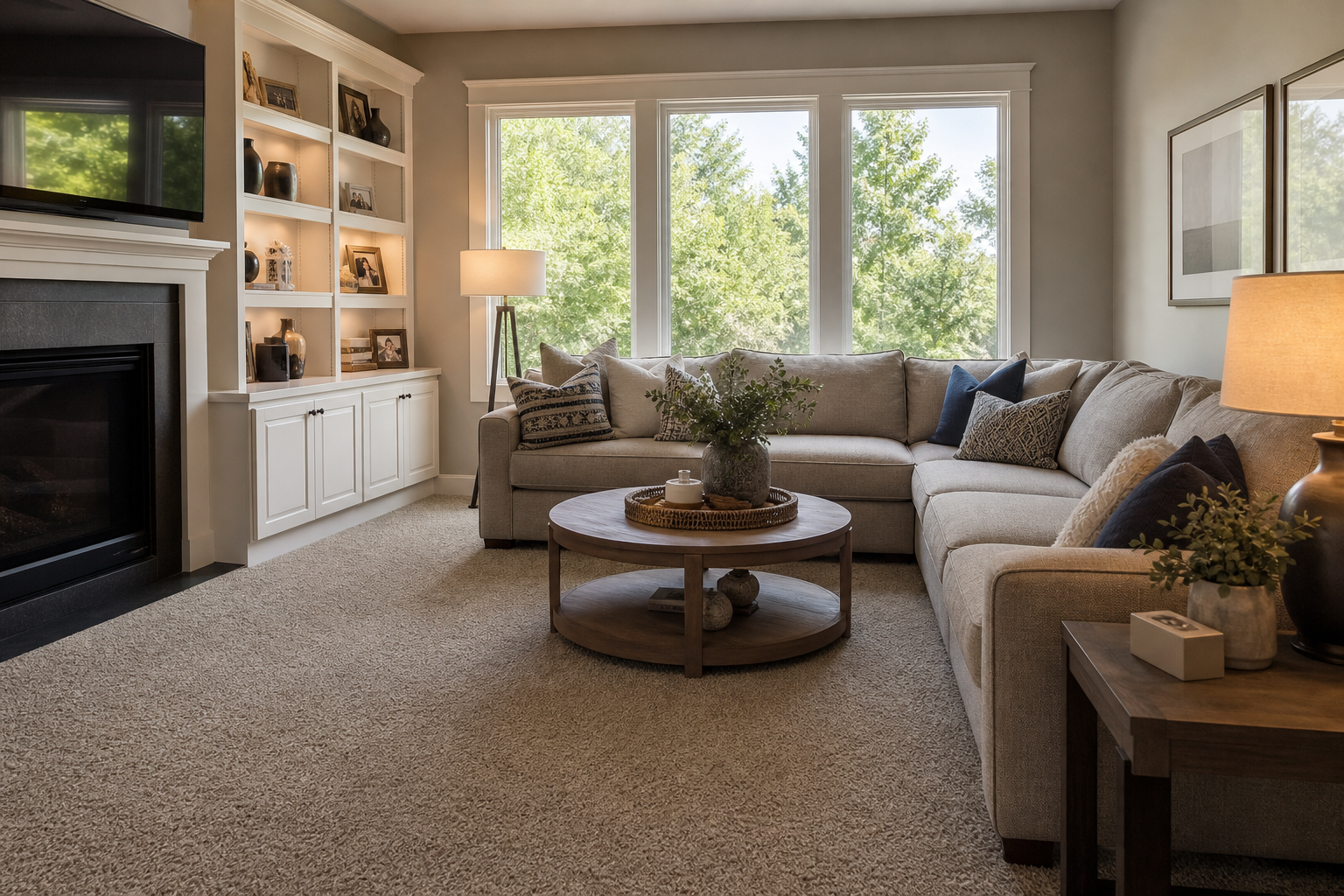 Finished family room with soft carpet