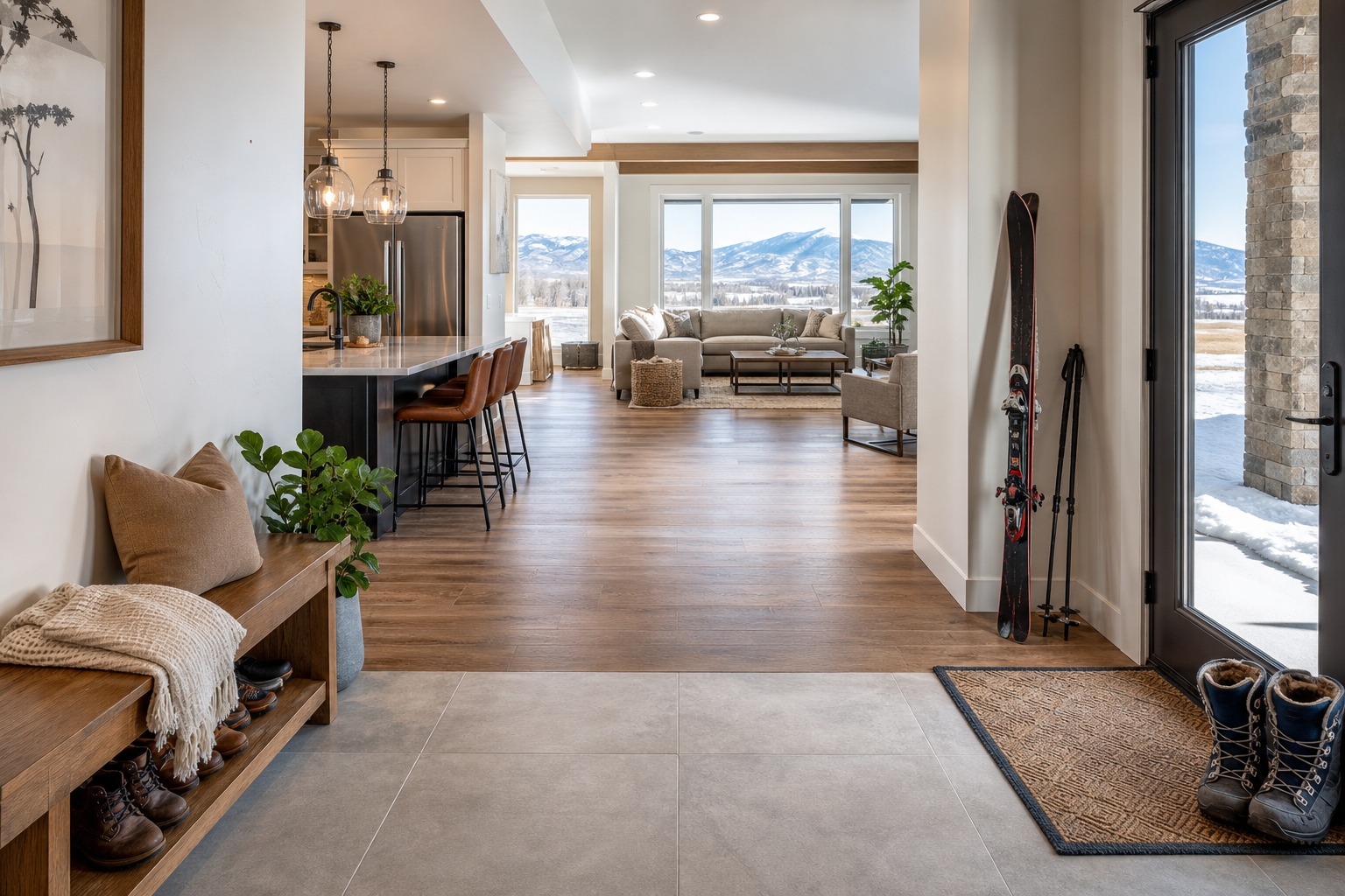 Bright Bluffdale-style kitchen and entry with practical mixed flooring choices for a Utah family home