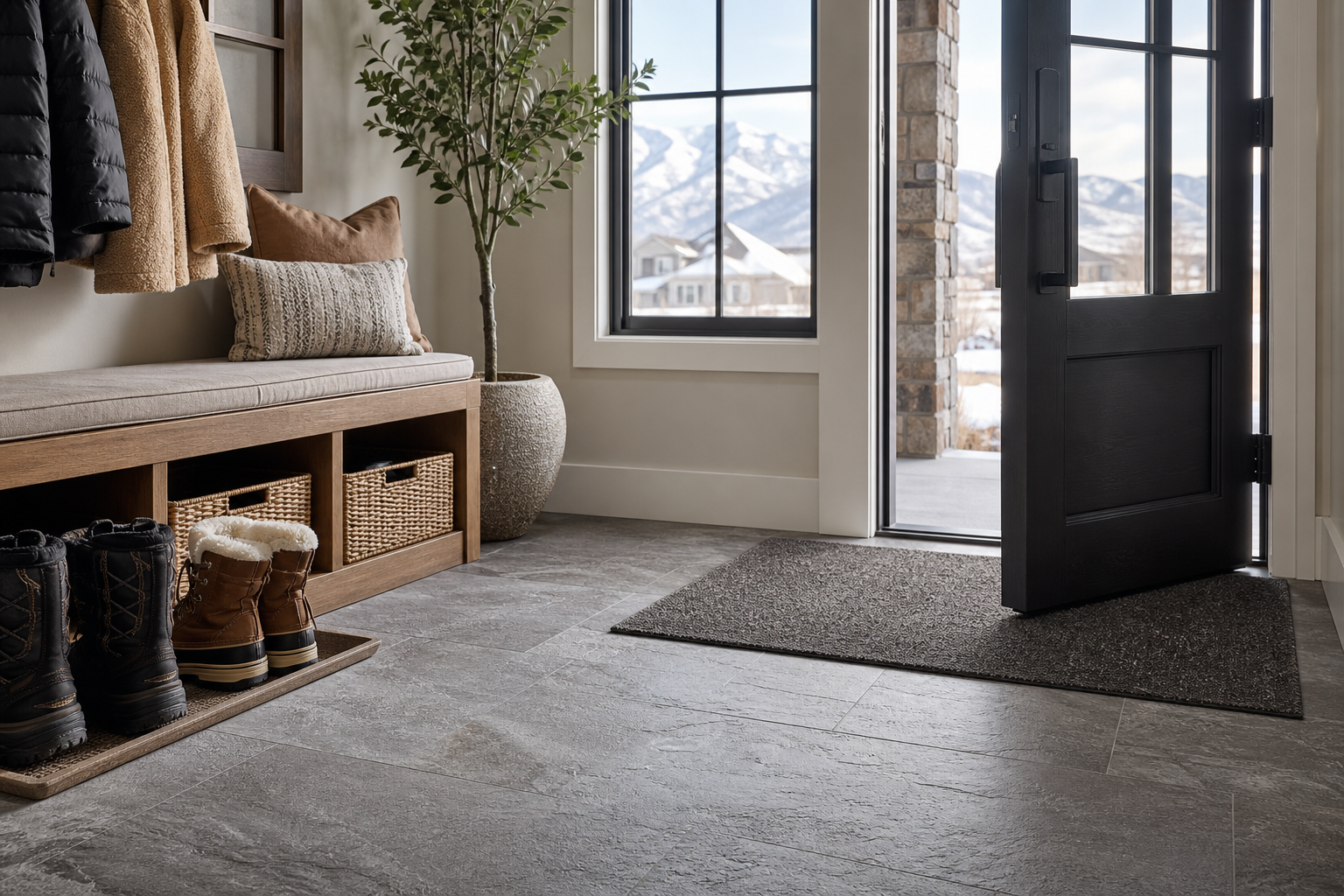 Close view of durable entry flooring in a Utah home with boots, mat, and textured tile