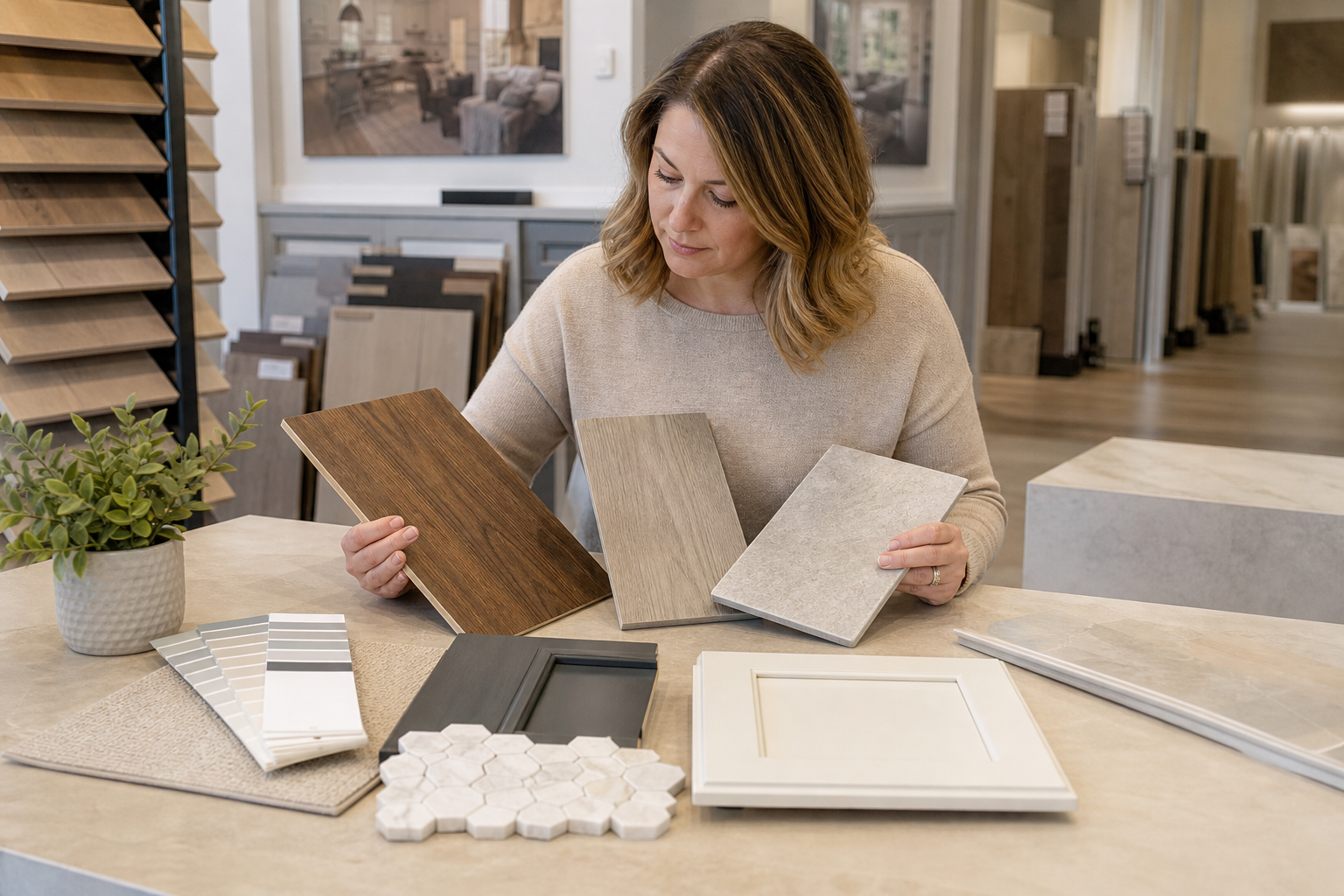 Sample boards and flooring options being compared in a Bluffdale showroom setting