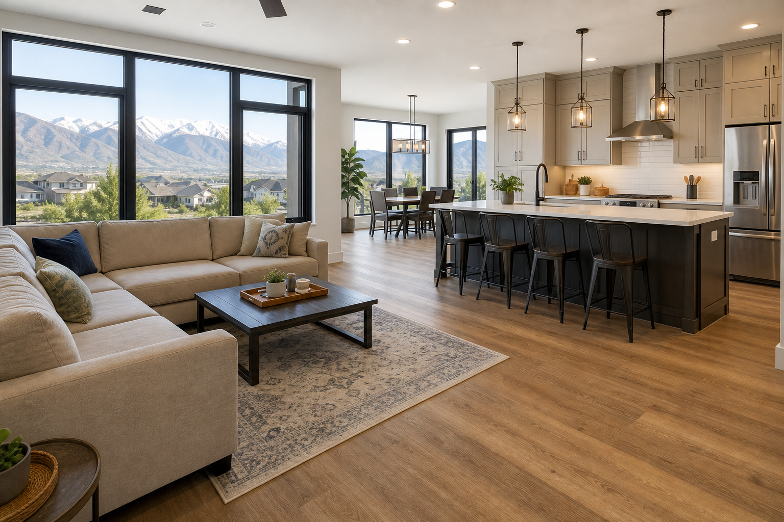 Bright Bluffdale living room with warm wood-look luxury vinyl flooring, large windows, and a practical family-friendly layout