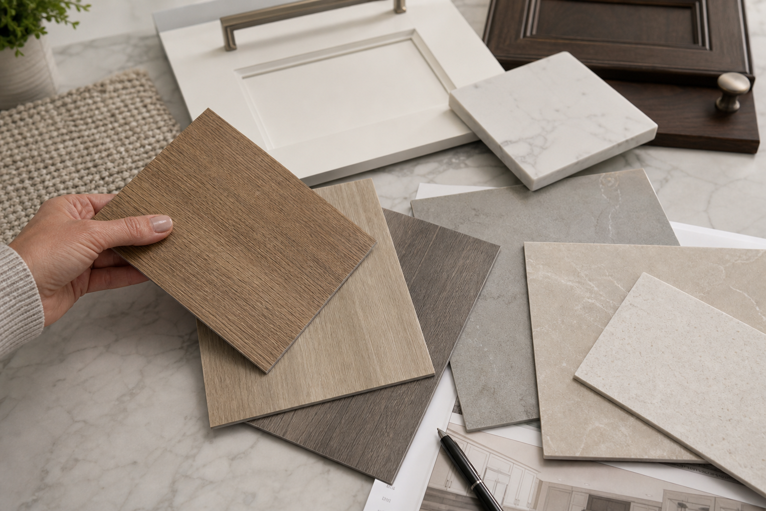 Close view of luxury vinyl plank samples in wood and stone looks on a design table