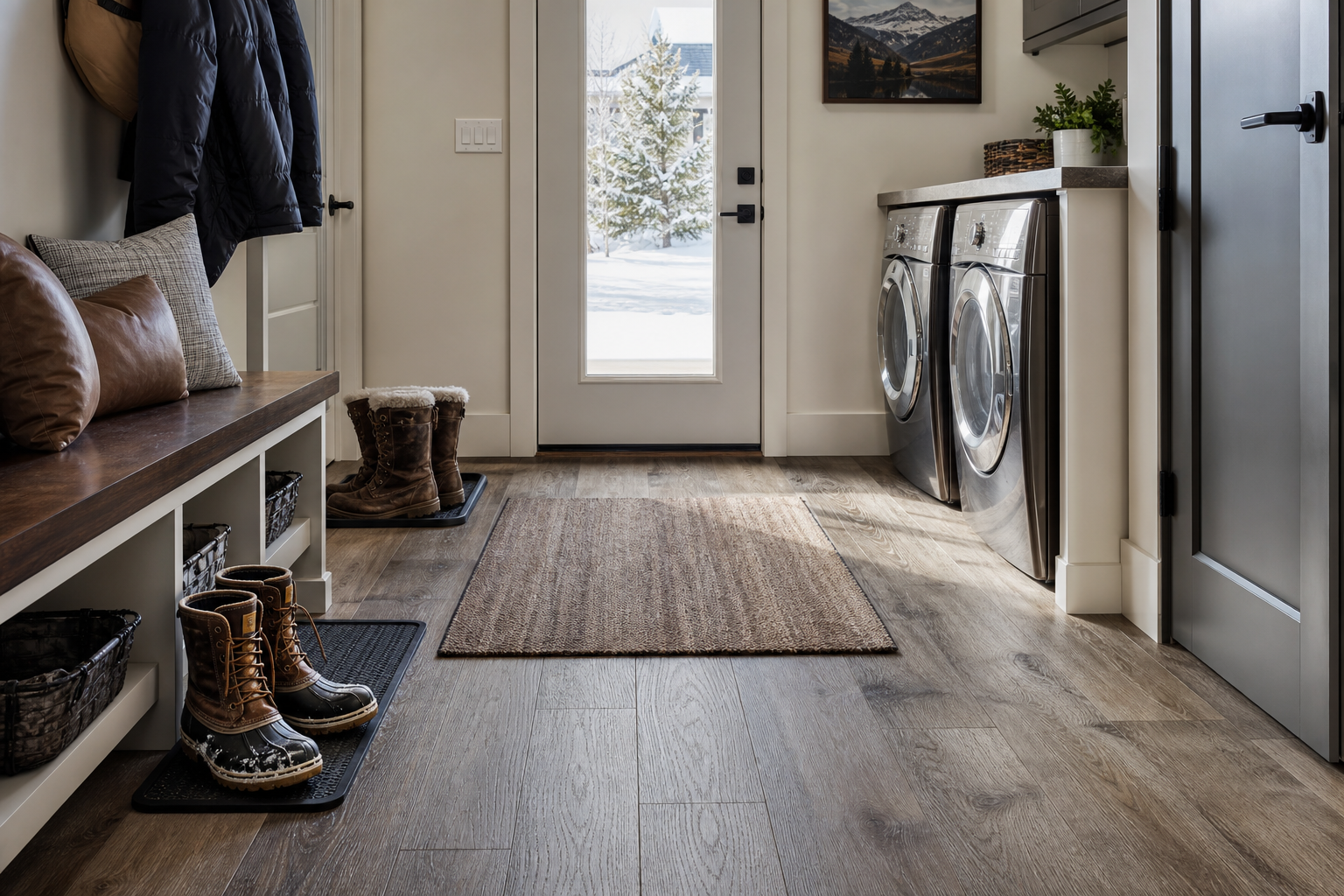 Bluffdale-style mudroom entry with durable luxury vinyl flooring and winter-ready practicality
