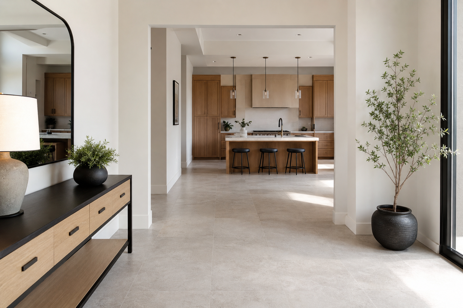 Bright finished Bluffdale-style entry and kitchen with porcelain tile flooring and warm summer light