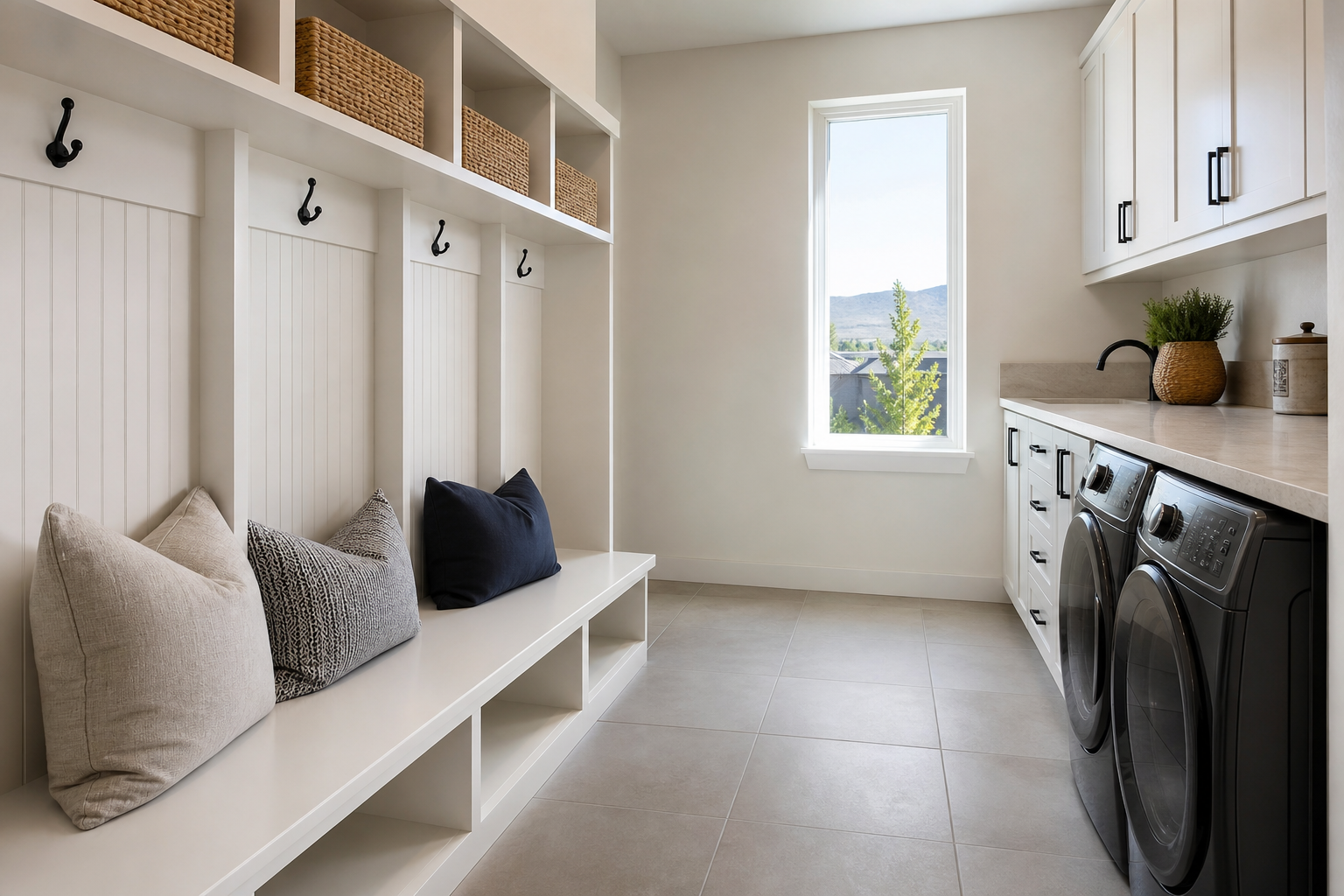 Finished mudroom and laundry area with durable porcelain tile floor