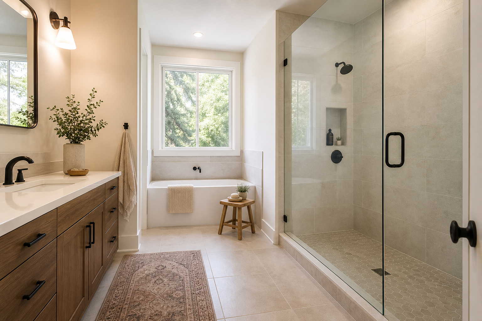 Finished bathroom with porcelain floor tile and clean ceramic wall tile