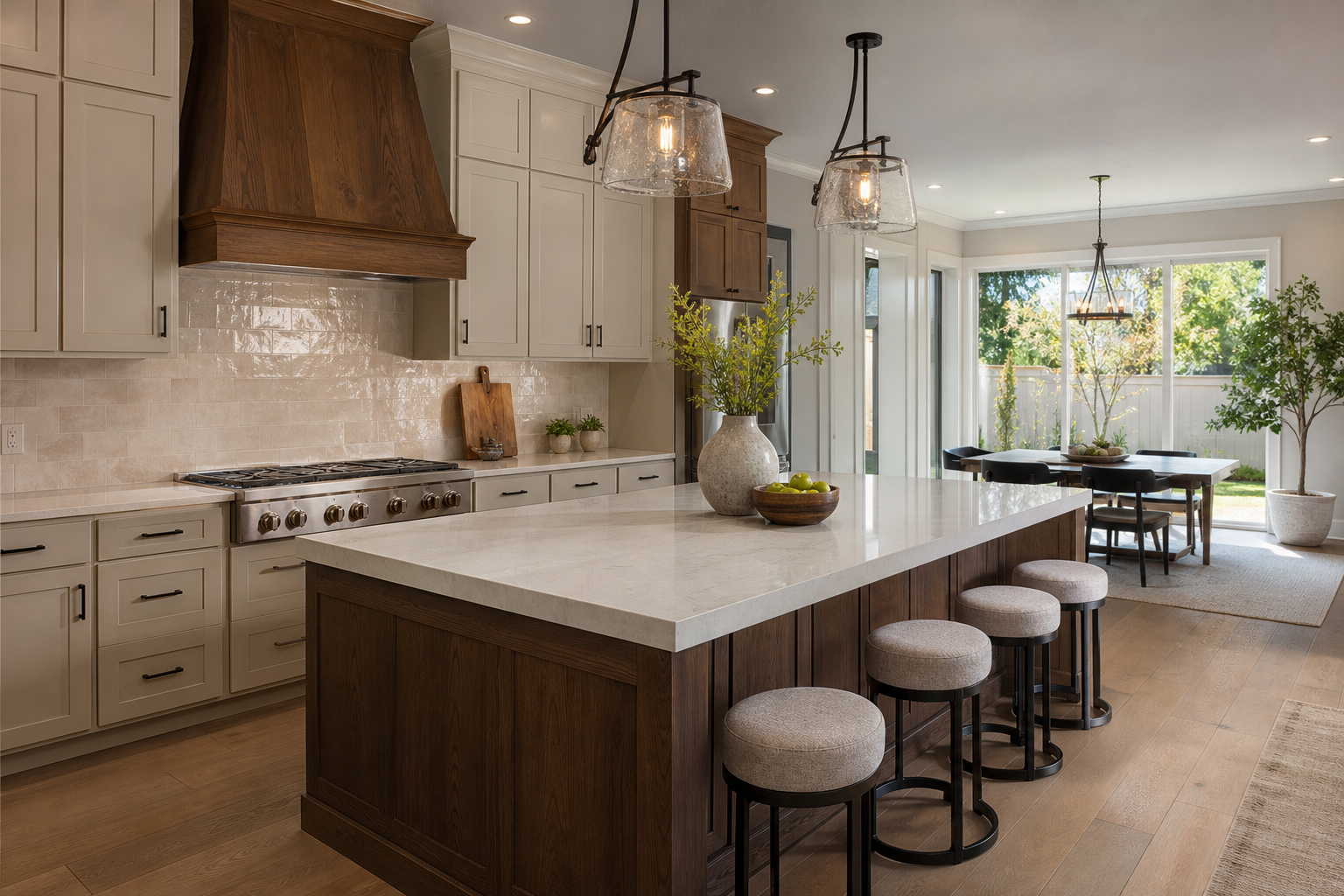 Finished Bluffdale-style kitchen with a large island and coordinated countertops and backsplash tile