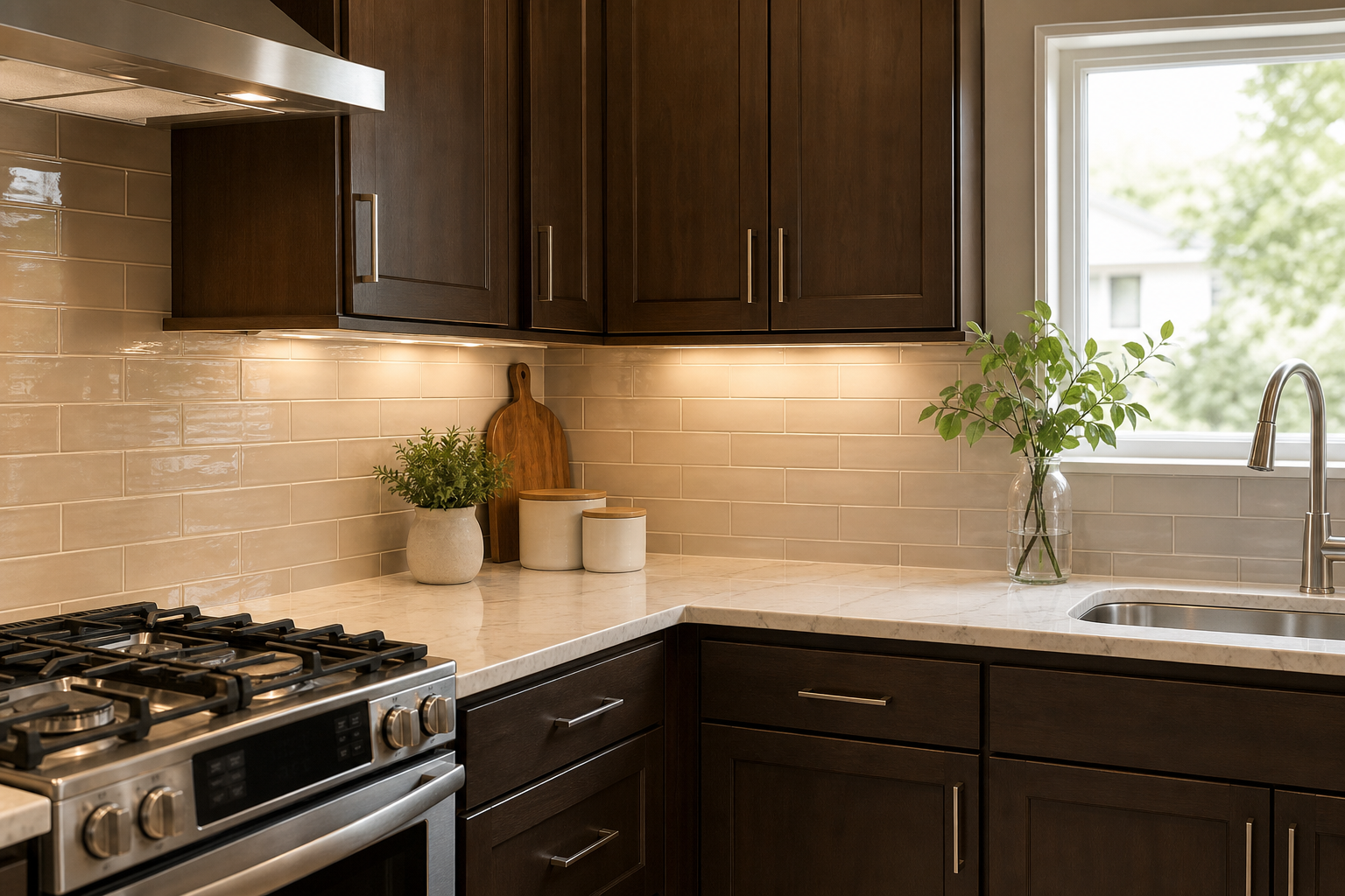 Finished kitchen corner with countertop detail and simple backsplash tile