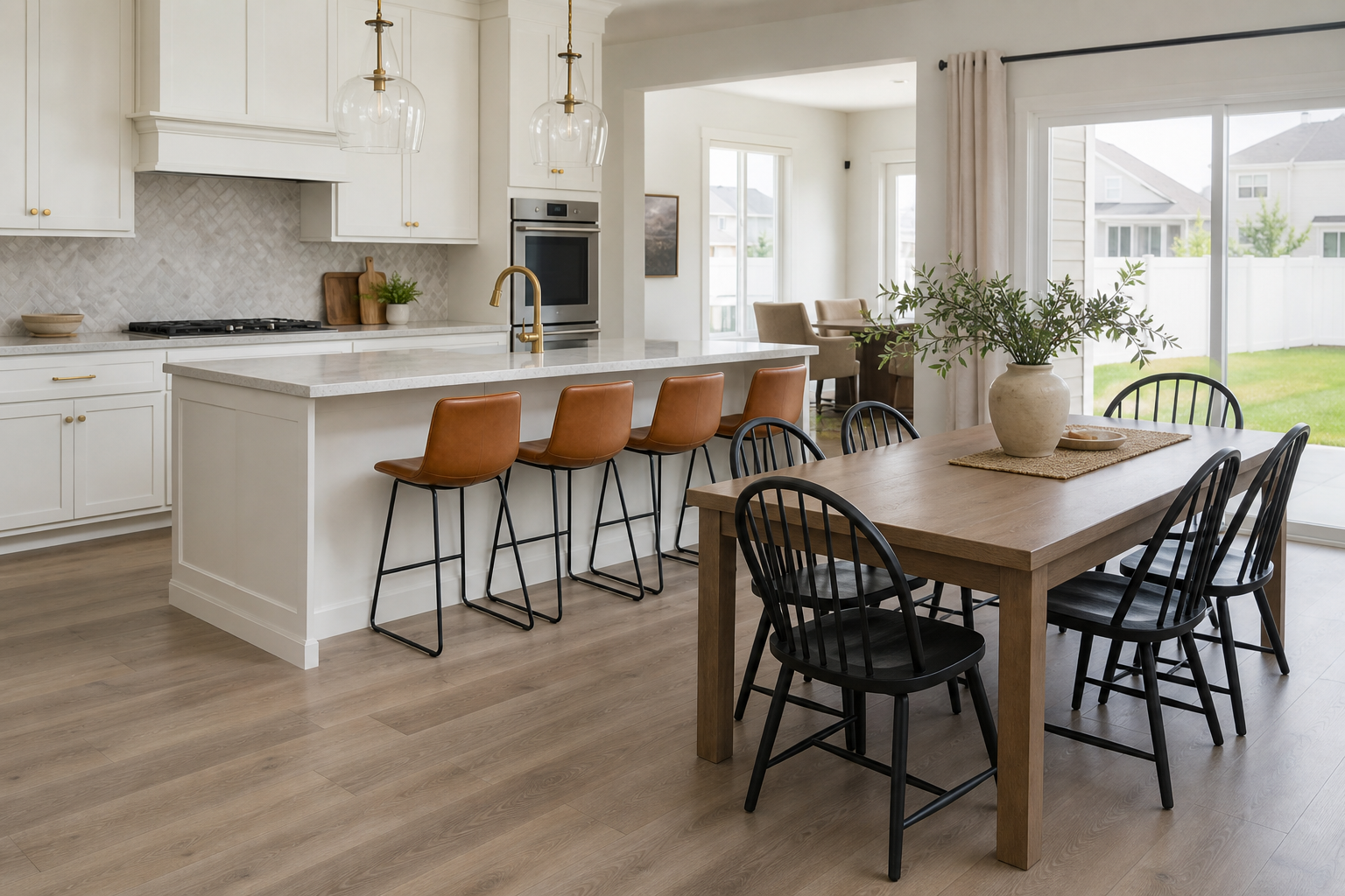 Finished open kitchen and dining area with coordinated countertops and flooring
