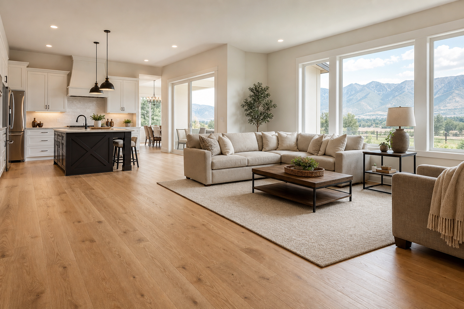 Bright finished Bluffdale-style living room and kitchen with wide-plank engineered hardwood flooring