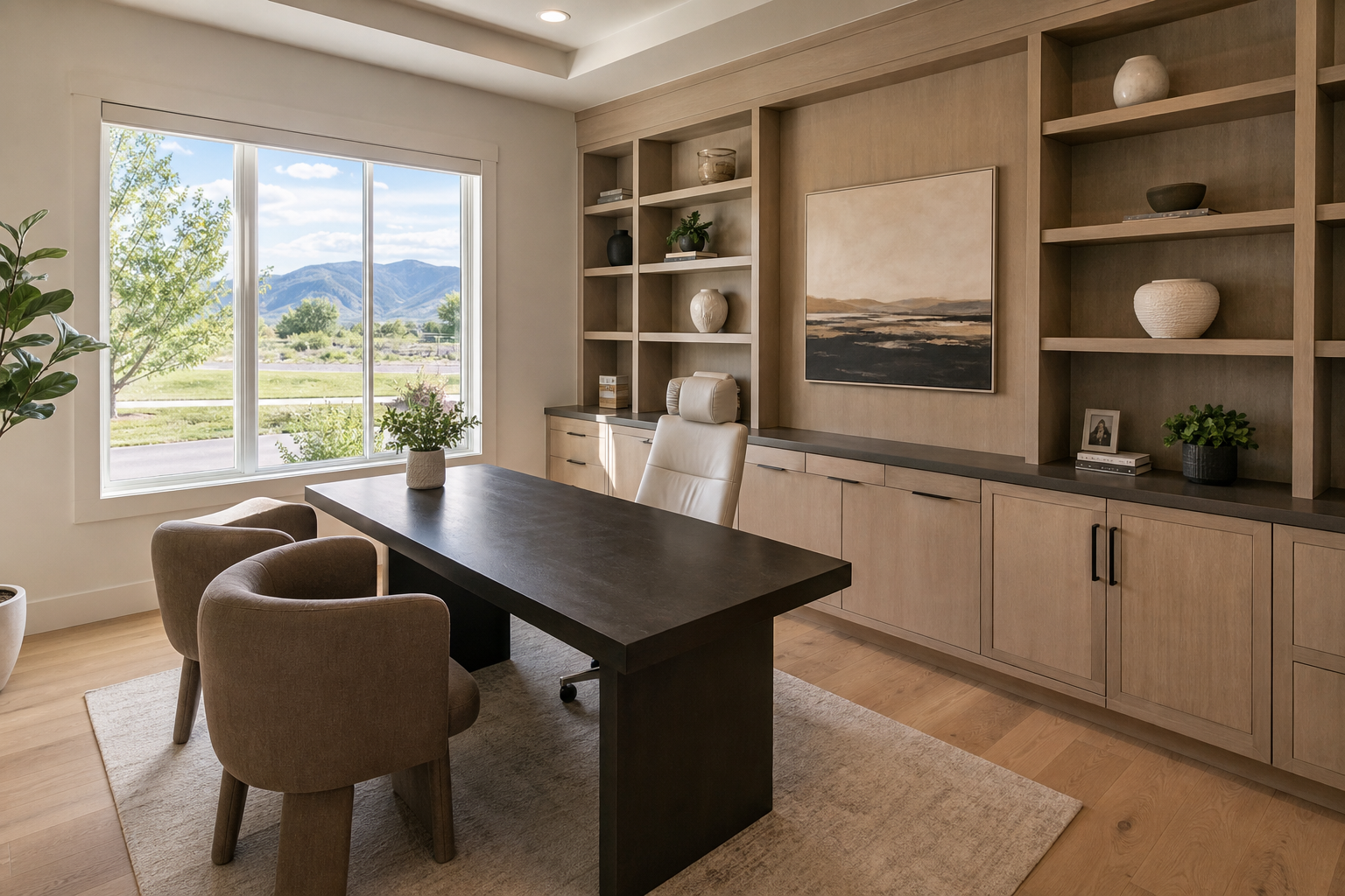 Finished home office with engineered hardwood flooring and natural light