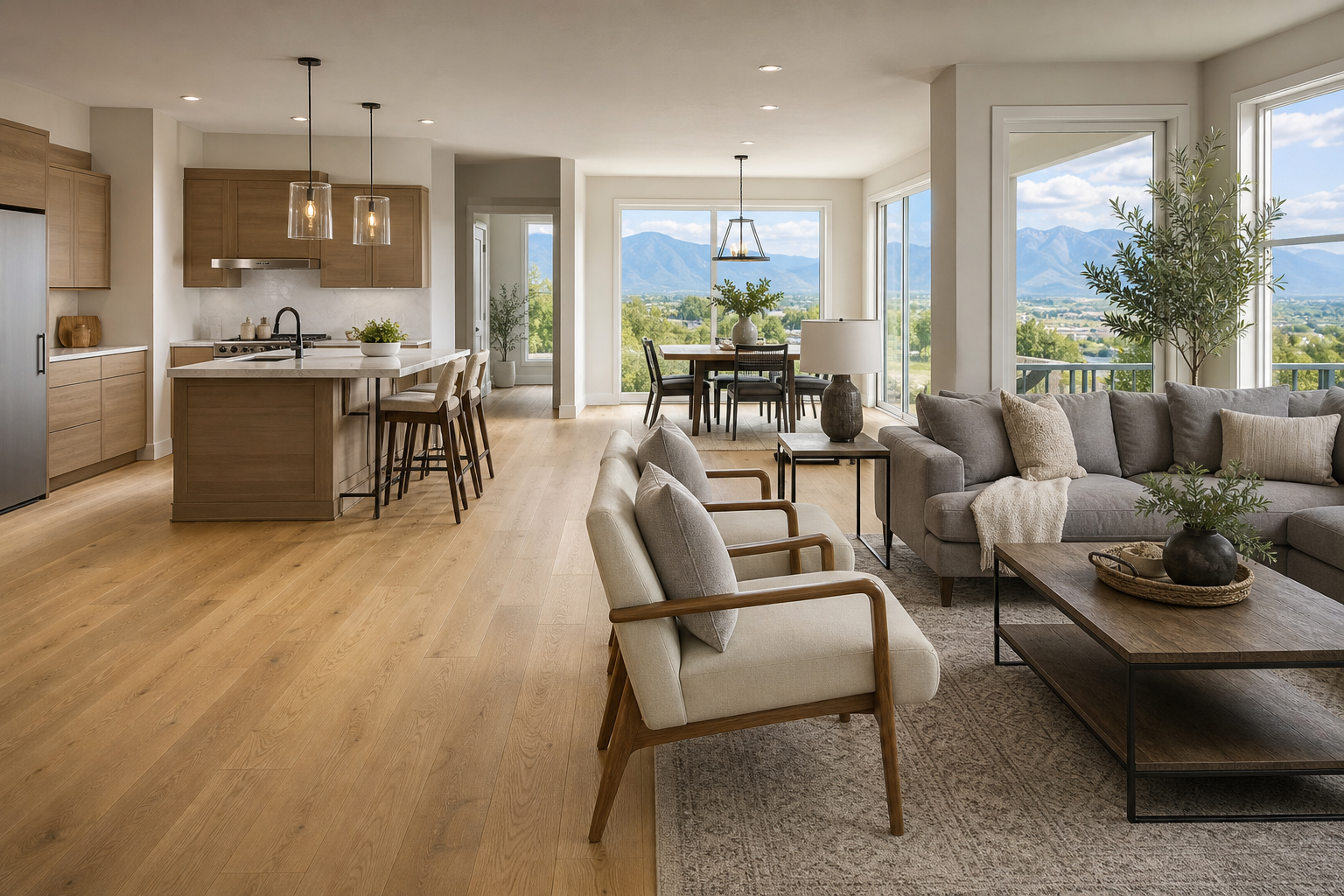 Finished Bluffdale-area great room with natural hardwood flooring and bright summer light.